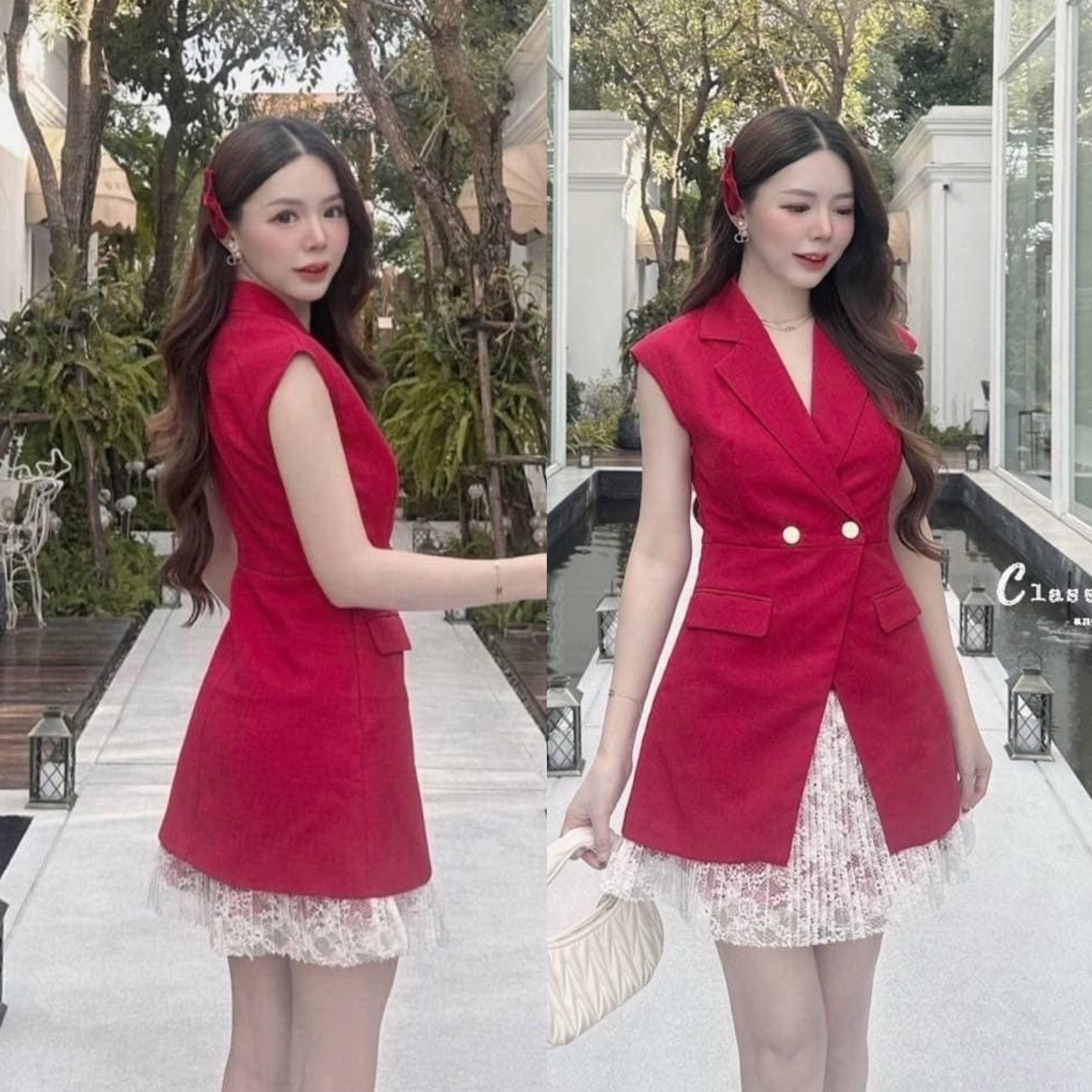 เดรสสูทกระโปรงสั้น คอปก แขนล้ำ กระดุมหน้า 2 เม็ดสีทอง เนื้อผ้ามี Texture ในตัว ชายกระโปรงตกแต่งด้วยผ้าลูกไม้อย่างดี ใส่สบาย : สินค้าคุณภาพ (พร้อมส่ง)