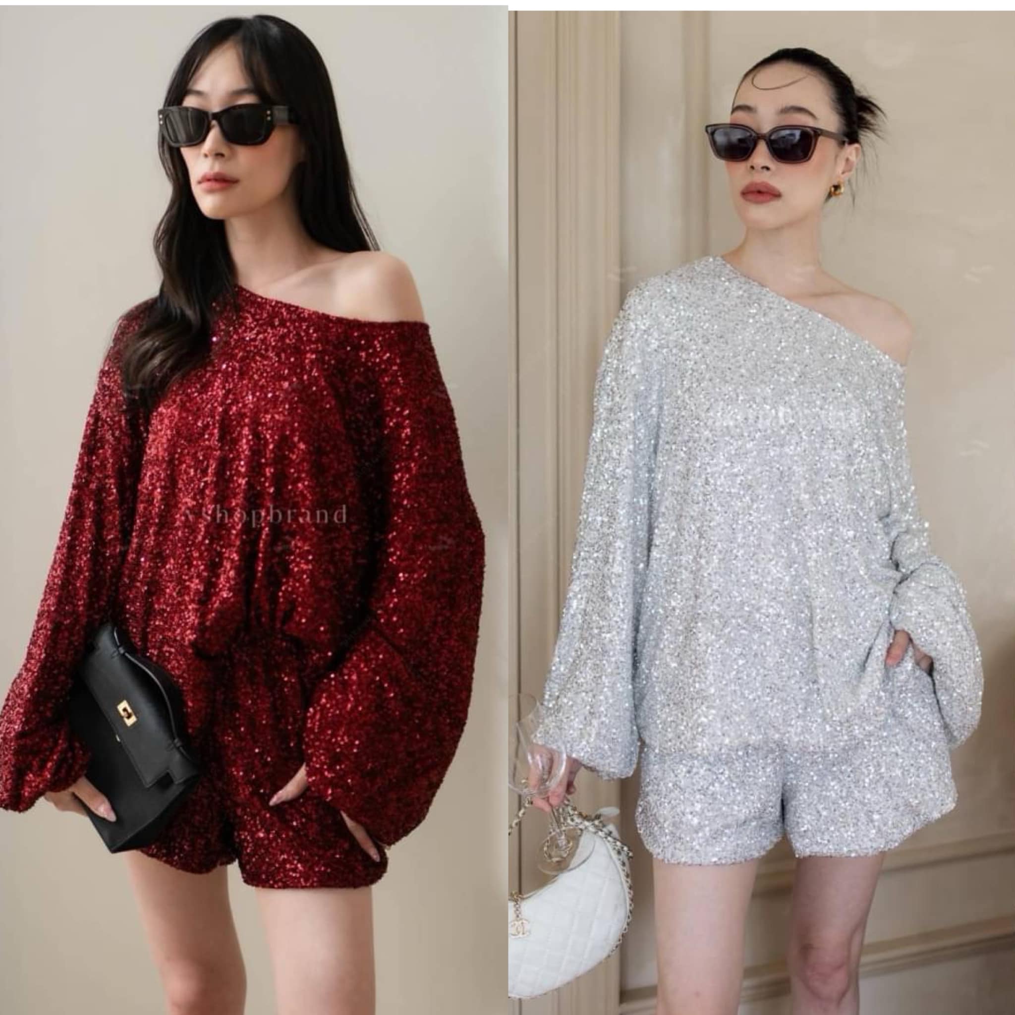 Set เสื้อกลิตเตอร์สม็อคแขน + กางเกงขาสั้น สินค้าคุณภาพ (พร้อมส่ง)