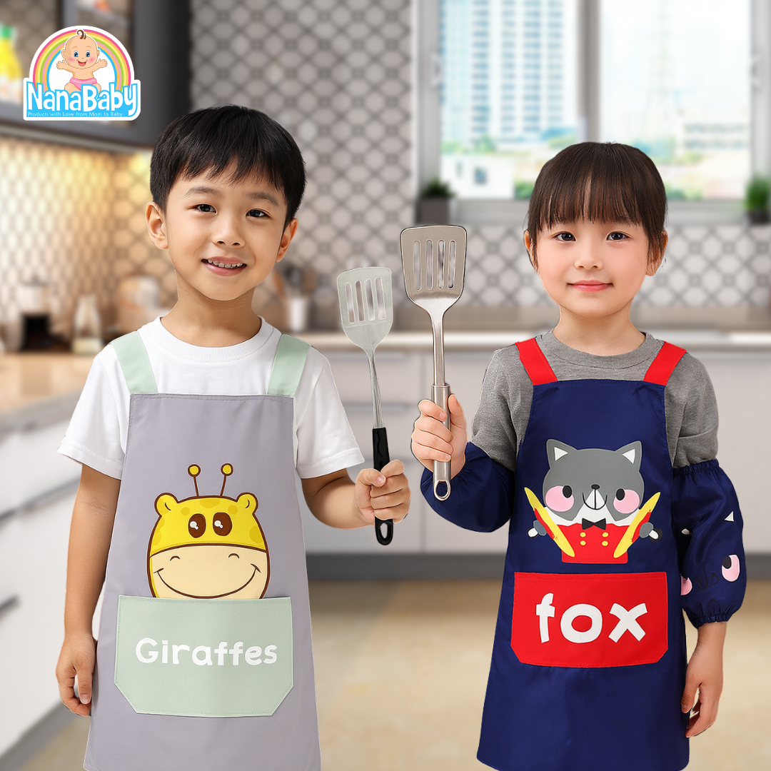 Set ผ้ากันเปื้อนทำอาหารเด็ก +ปลอกแขน NanaBaby ผ้า Oxford กันน้ำ การ์ตูนน่ารัก สำหรับเด็กวัย 2-10 ปี