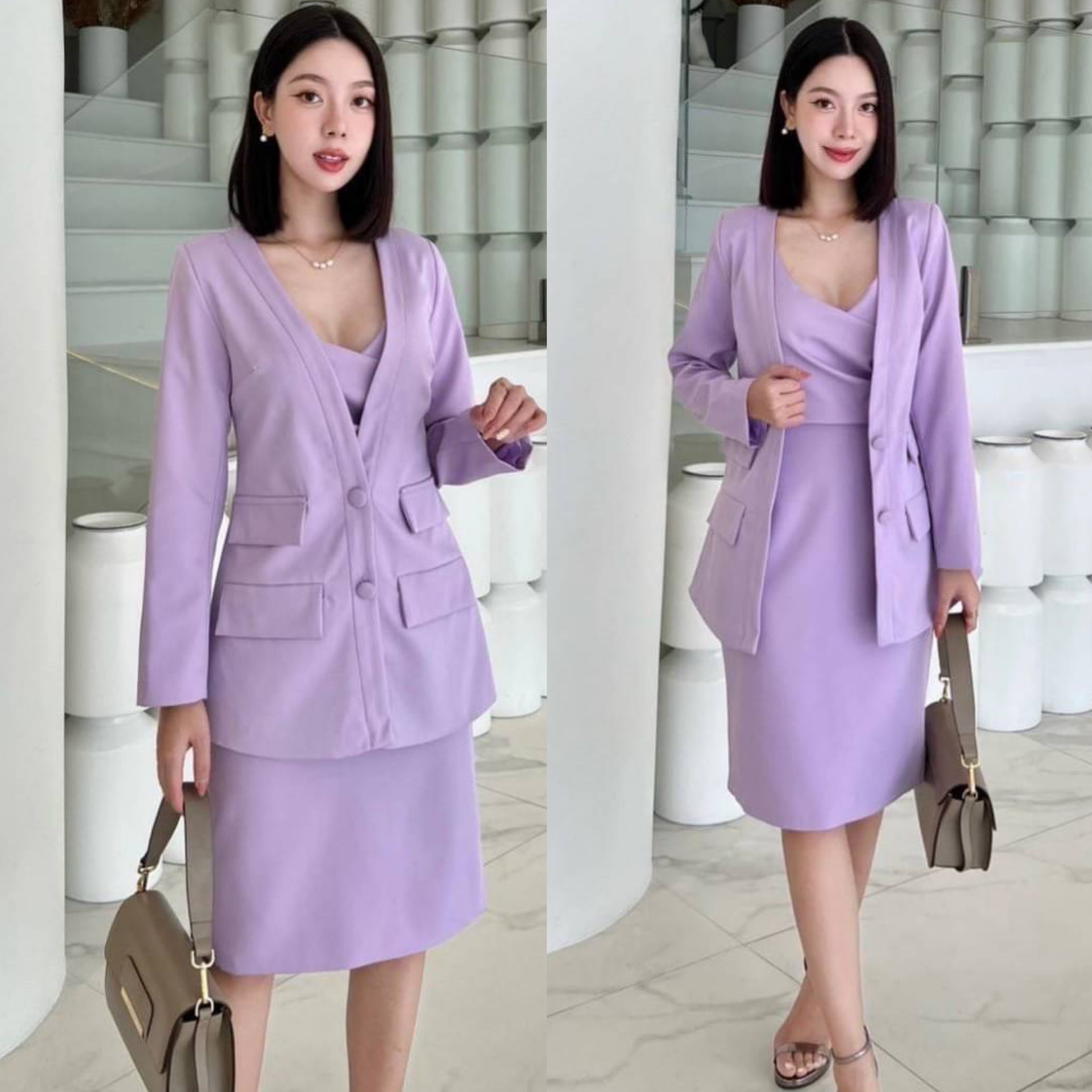 Setสูท 3 ชิ้น เสื้อคลุมแขนยาว+เสื้อครอปสายเดี่ยวอกเสริมฟองน้ำจับจีบข้าง+กระโปรงคุมเข่า ซิปหลัง/ดีไซน์ผ่าหลัง ทรงสวยเขารูปเป๊ะ สินค้าคุณภาพ (พร้อมส่ง)