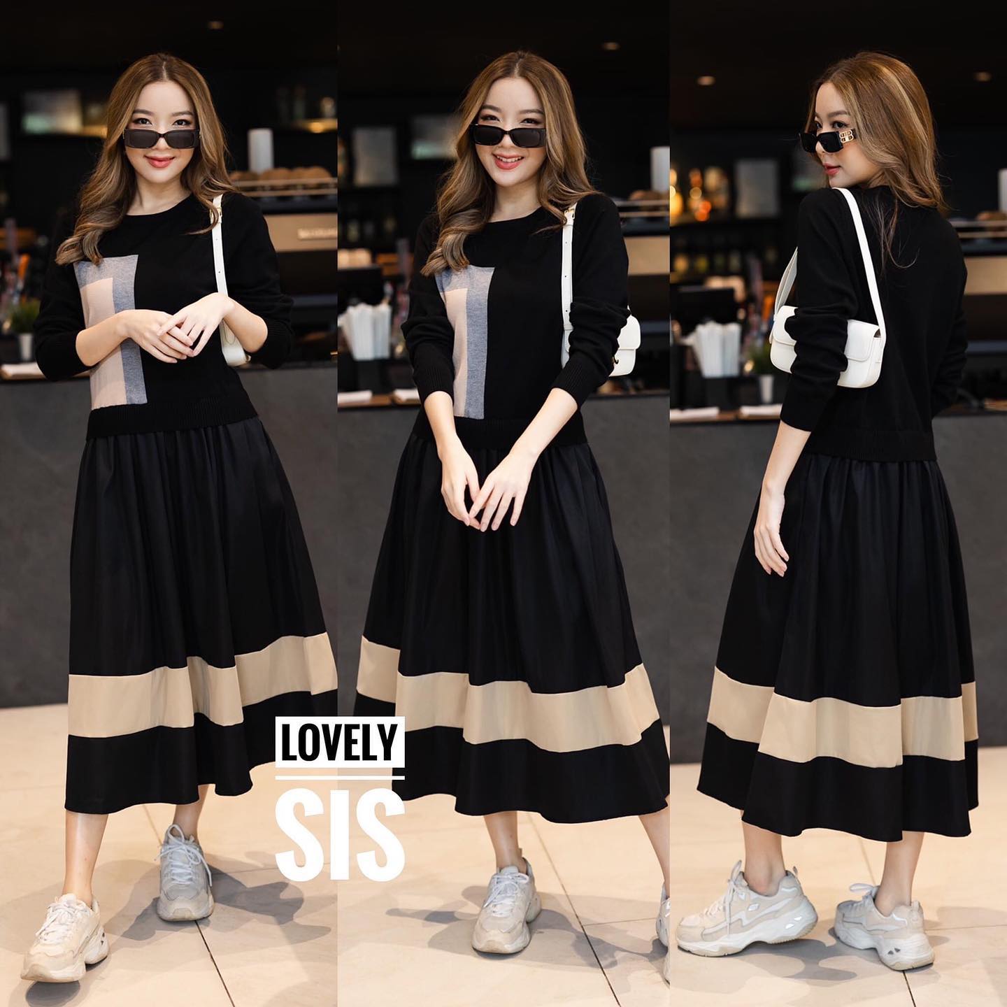 เดรสไหมพรมแขนยาวเนื้อผ้านุ่ม งานทอลายตัดสีด้านหน้า เย็บต่อ กระโปรงผ้าคอตต้อน ใส่ออกมา น่ารัก สวยทุกสีเลยค่า สินค้าคุณภาพ (พร้อมส่ง)