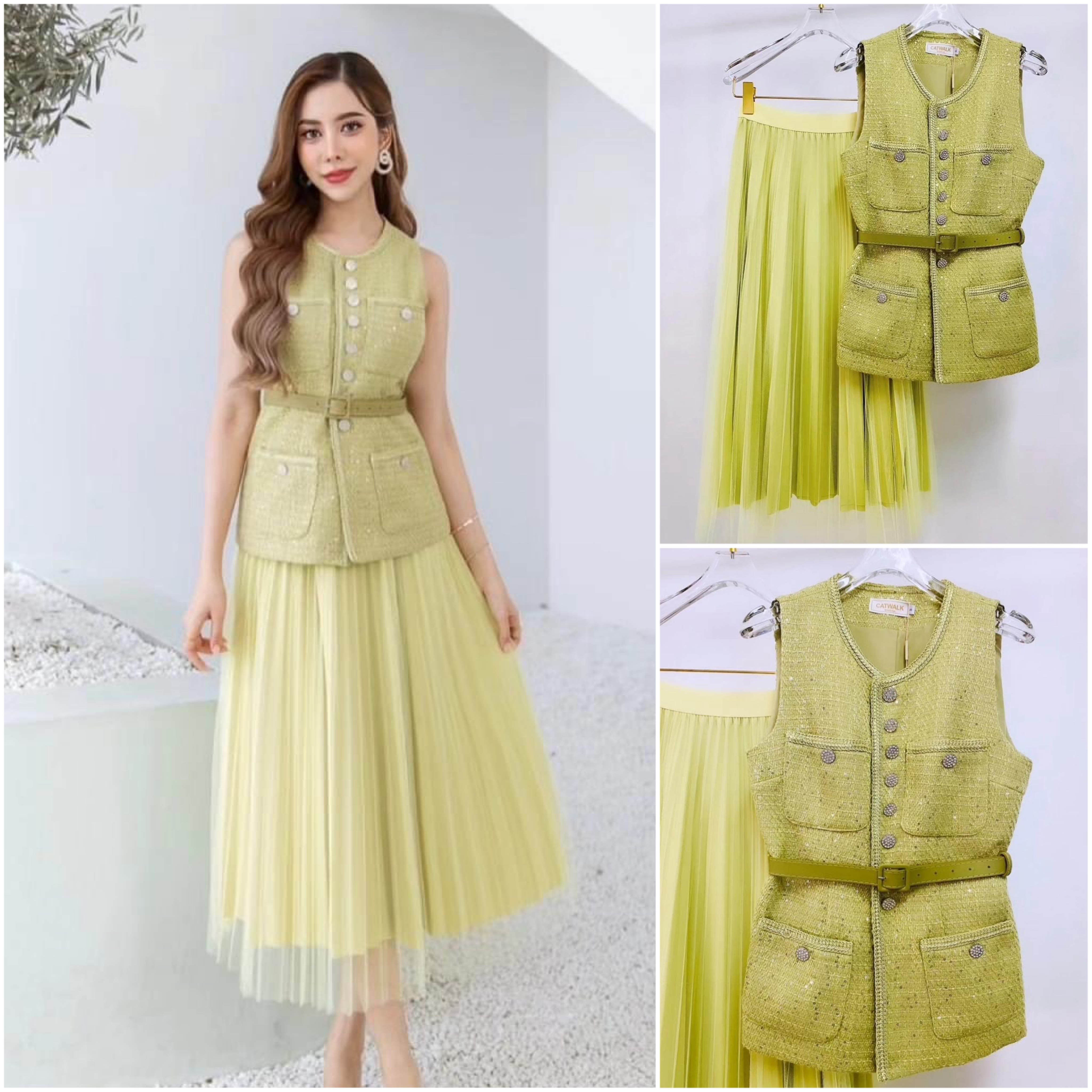 เซตเสื้อผ้า ทวิตกระดุมเพชร+กระโปรงผ้าตาข่ายอัดพลีท เนื้อผ้าทวิตเกรดเอ ใส่สบาย สินค้าคุณภาพ (พร้อมส่ง)