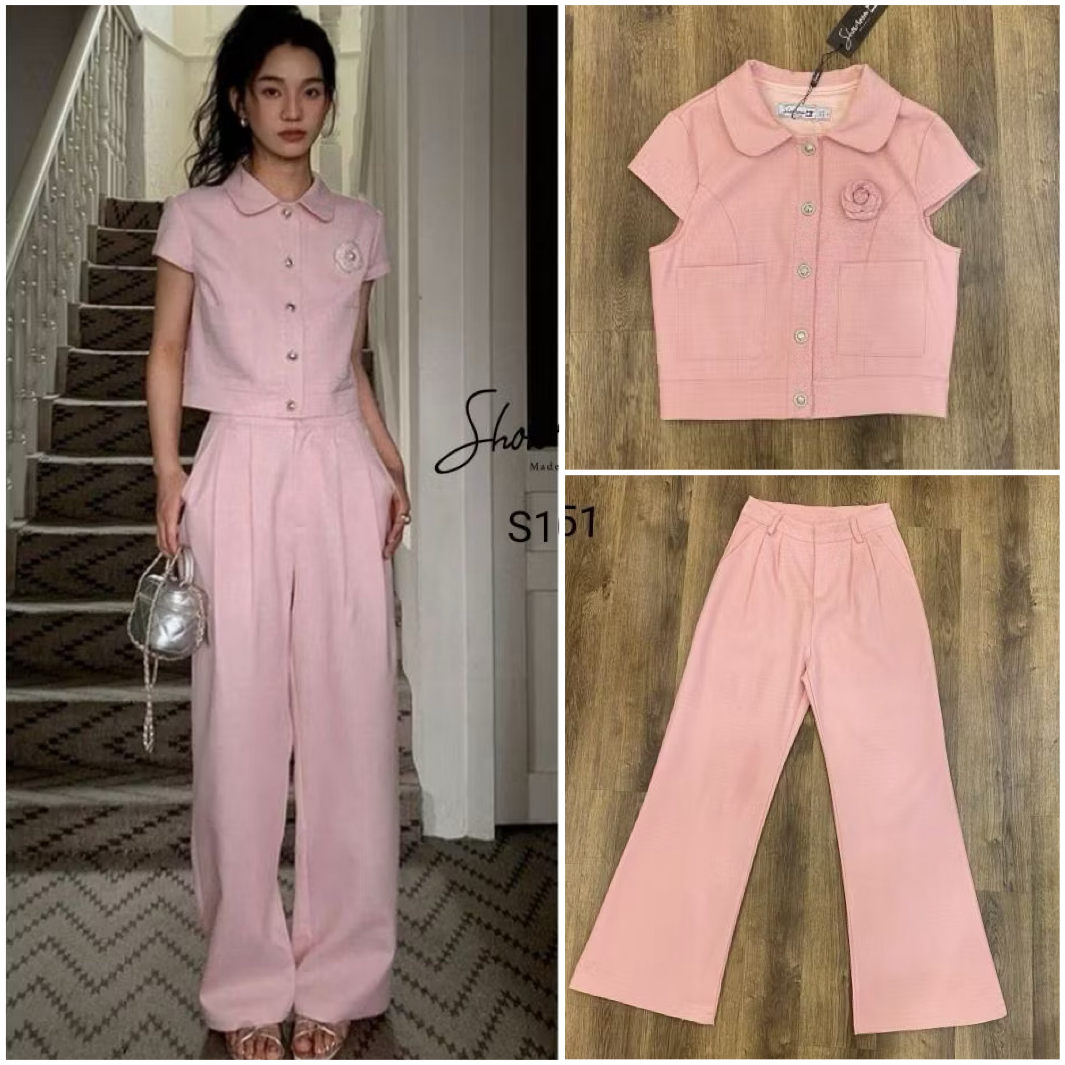 เซ็ตเสื้อดีไซน์สวย กระดุมหน้า แต่งปก ตัดต่อกระป๋าด้านหน้าซ้ายขวา มาพร้อมกางเกงขายาวเข้าเซ็ต และเข็มกลัด ใส่สบาย : สินค้าคุณภาพ (พร้อมส่ง)