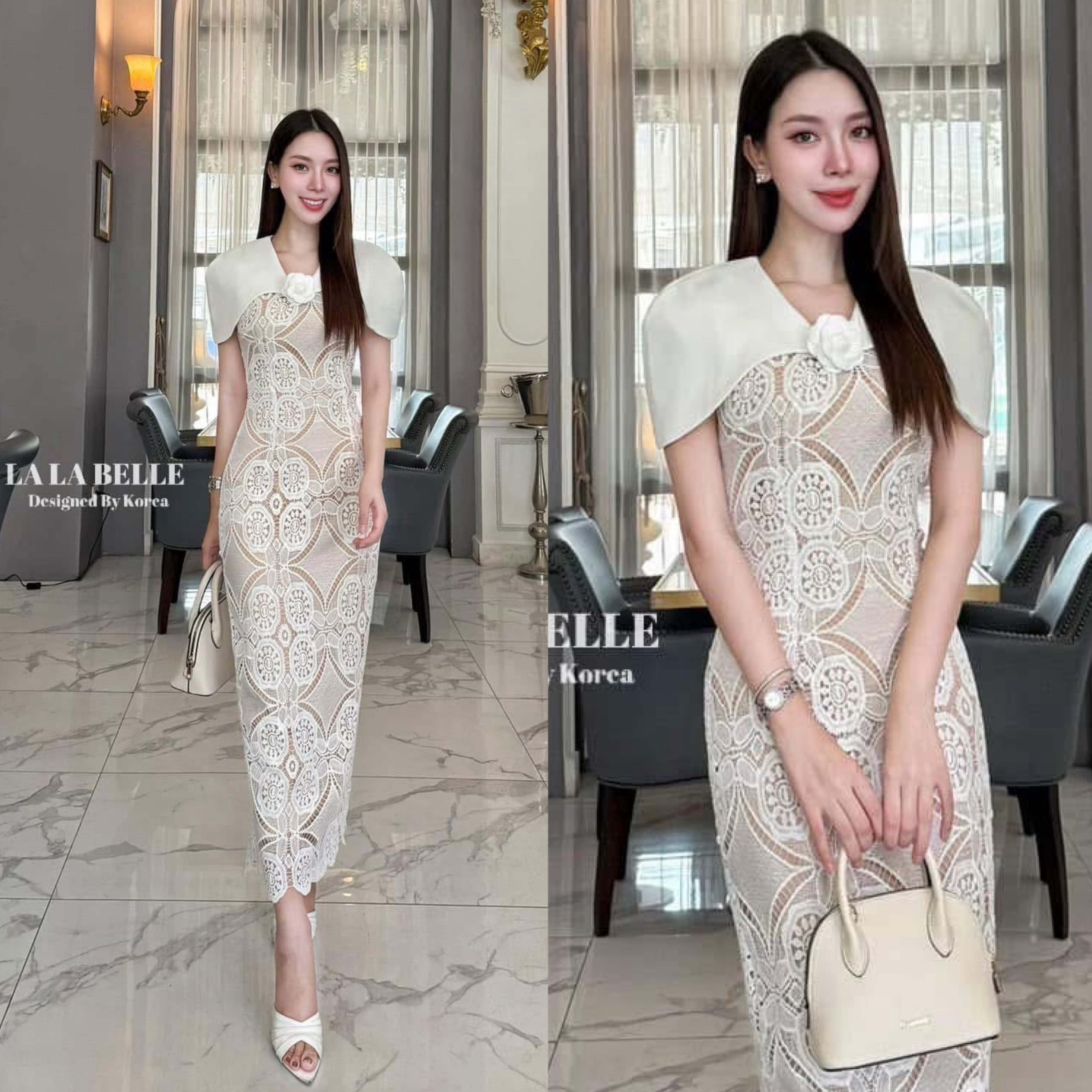 เดรสลูกไม้คลุมไหล่ช่วงคลุมไหล่เป็นผ้าสูทอัดกาวผ่าหลังยกแขนสะดวกแต่งดอกคามีเรียช่วงอกตัวชุดทรงสอบเข้ารูปเข้าทรงผ่าหลังมีซับใน ใส่สบาย : สินค้าคุณภาพ (พร้อมส่ง)