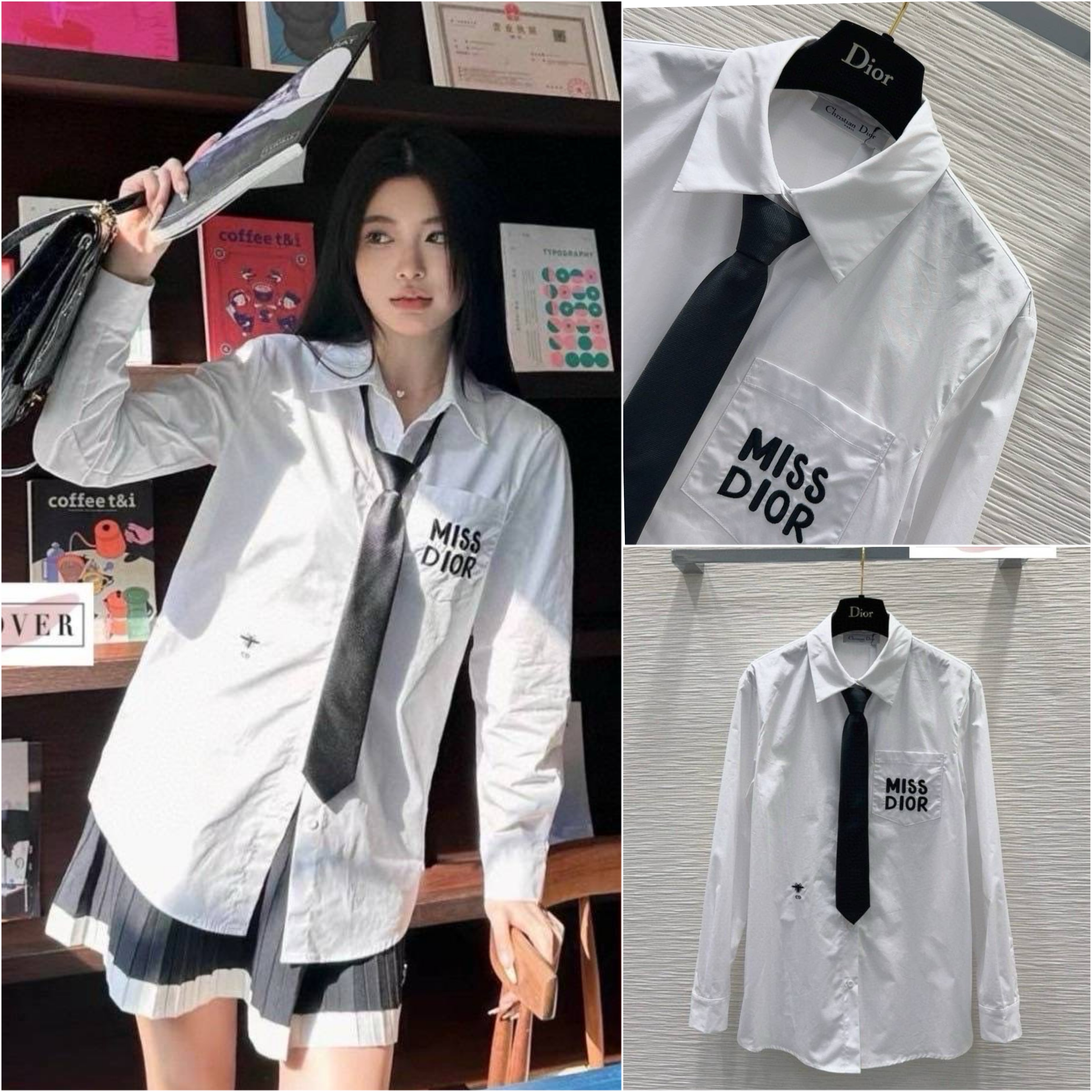 เสื้อเชิ้ตแขนยาวสีขาว มาพร้อมเน็คไทสีดำ Christian Dior ใส่สบาย : สินค้าคุณภาพ (พร้อมส่ง)