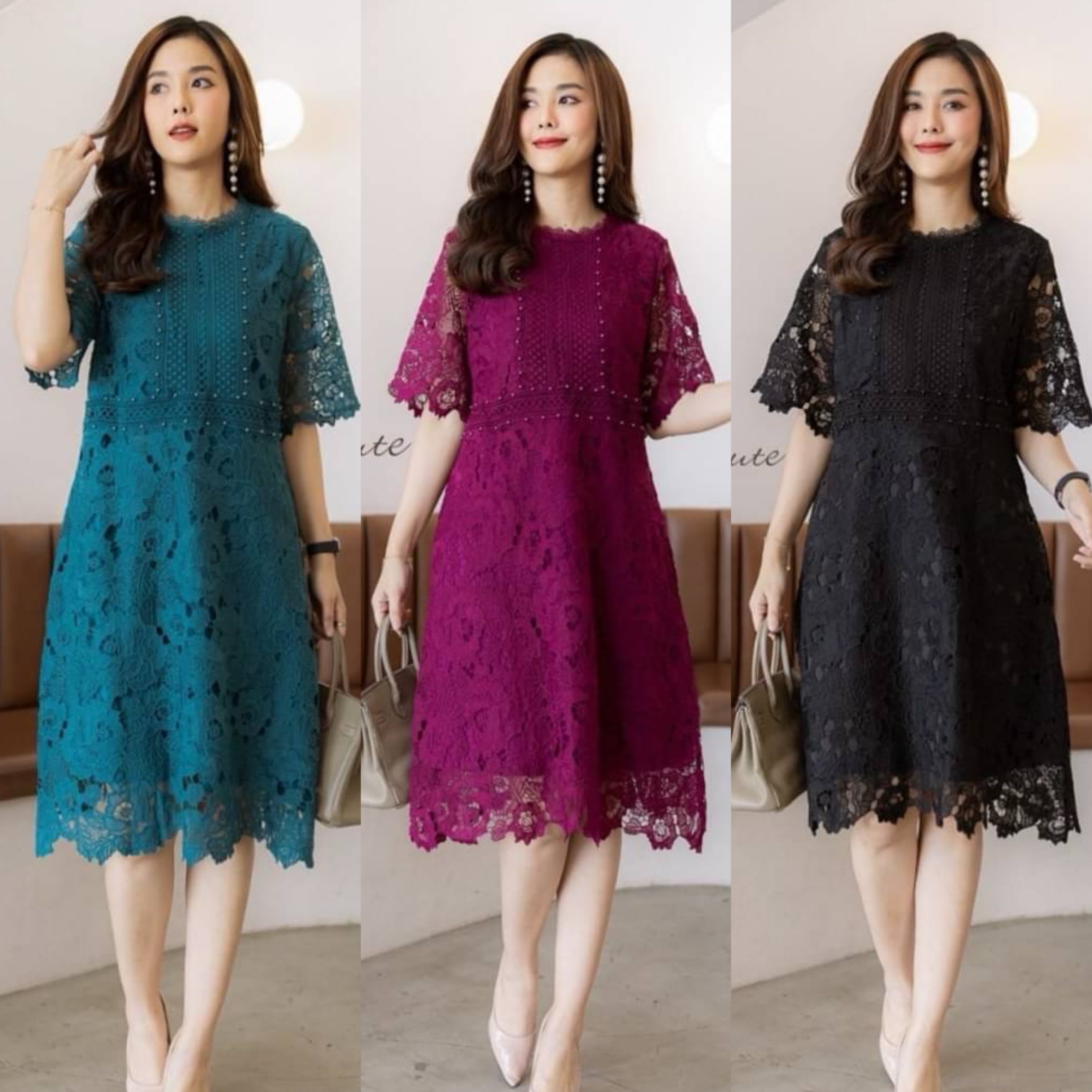 เดรสลูกไม้ มีซิบซ่อนหลัง ใช้ลูกไม้คนละลาย วางตัดกันได้อย่างลงตัว ตอกมุกสีเดียวกับชุด มีซับในทั้งตัว ใส่สบาย : สินค้าคุณภาพ (พร้อมส่ง)