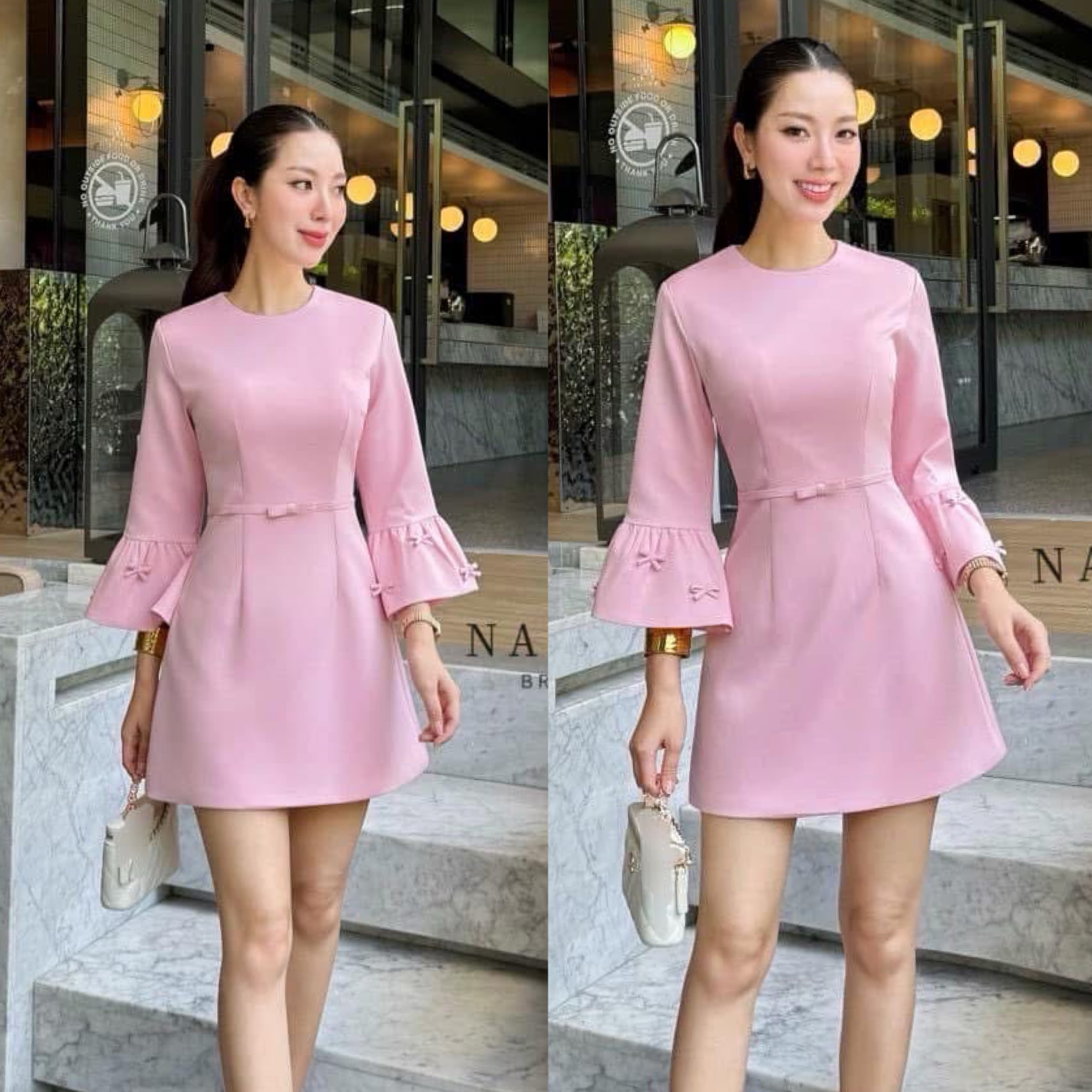 มินิเดรสสีชมพูแขน 3 ส่วน แต่งดีเทลปลายแขนบานนิดหน่อยเพิ่มโบว์เล็กมีความน่ารักมากขึ้น ใส่สบาย : สินค้าคุณภาพ (พร้อมส่ง)