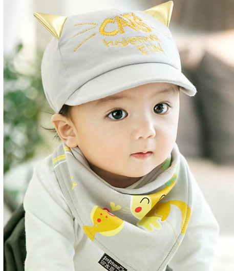 Set หมวก+ผ้ากันเปื้อน เด็กเล็ก 6-24 เดือน หมวกแมวน่ารักกับผ้ากันเปื้อนสามเหลี่ยมสไตล์เกาหลี Cat Have More Fun