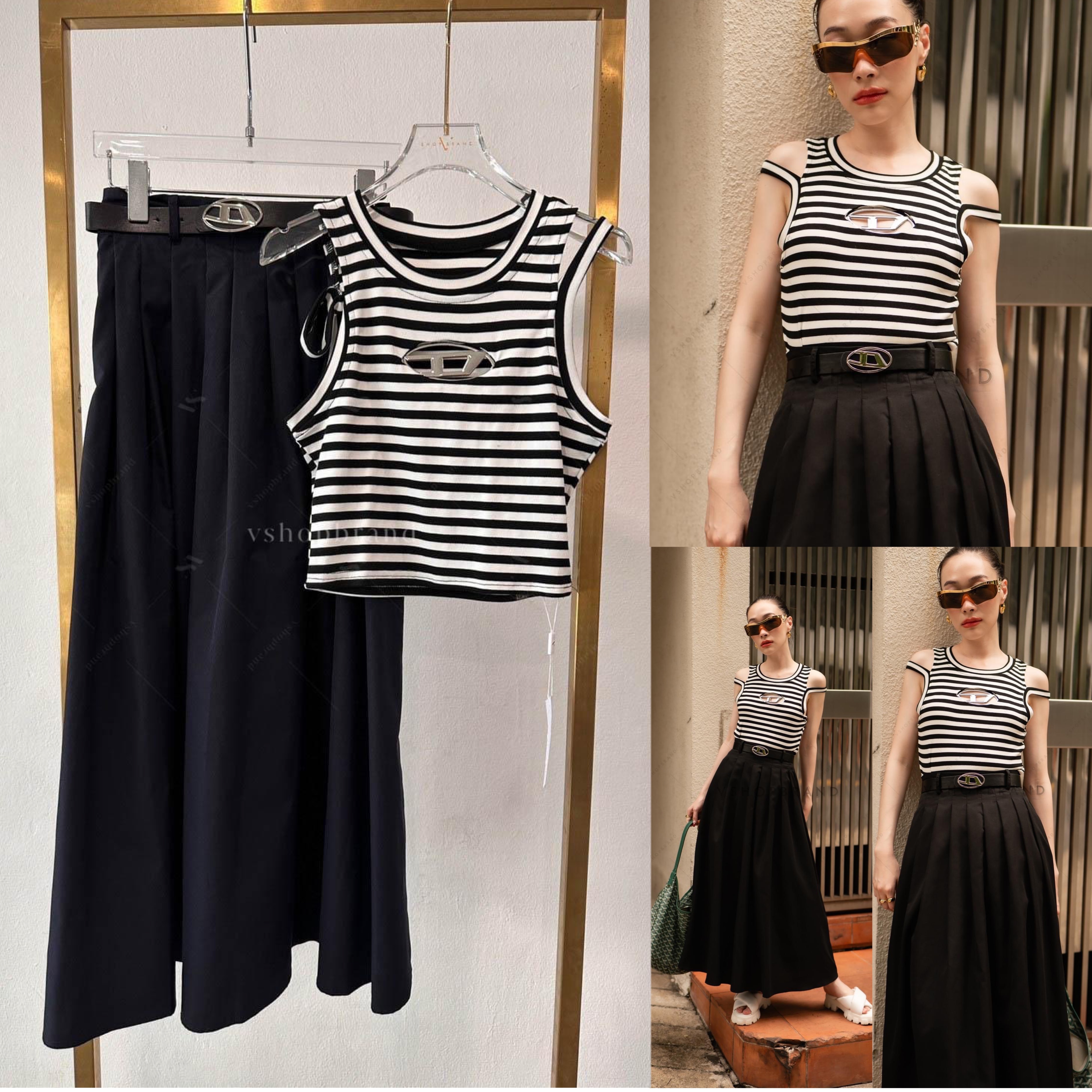 Set เสื้อกล้ามริ้วดีเซล + กระโปรงยาว + เข็มขัด สินค้าคุณภาพ (พร้อมส่ง)