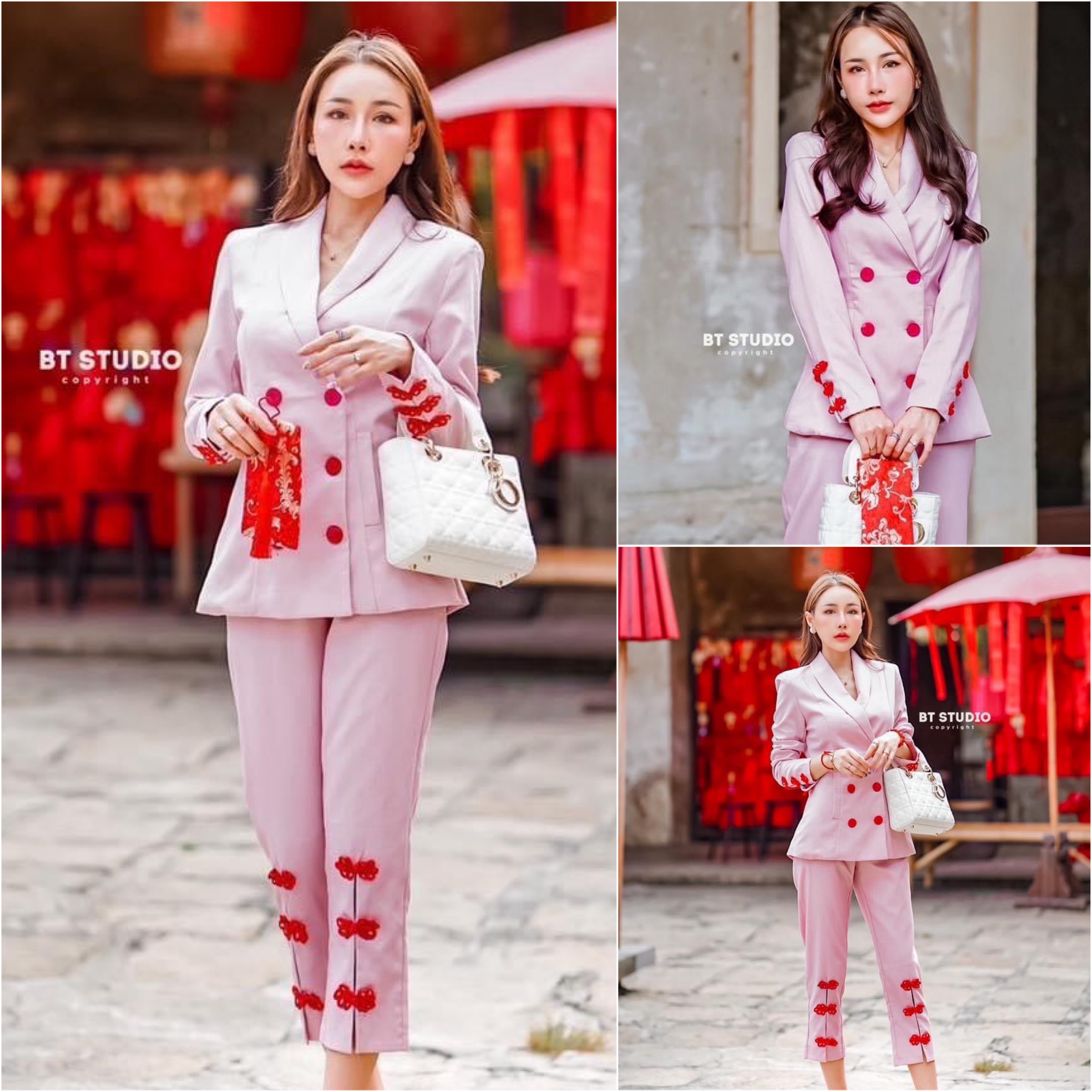 เซท 2 ชิ้น ชุดเบเซอร์แขนยาวสีชมพู แต่งกระดุมสีแดง 6 เม็ด แมทซ์กับกางเกงขา 5 ส่วนแต่งปลายขาด้วยกระดุมจีนสีแดง สินค้าคุณภาพ (พร้อมส่ง)