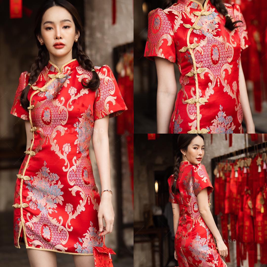 เดรสกี่เพ้า ดีไซน์เฉพาะของทางแบรนด์ เลยค้า แขนจับจีบ เนื้อผ้าทอลายเกรดพรีเมี่ยม สินค้าคุณภาพ (พร้อมส่ง)