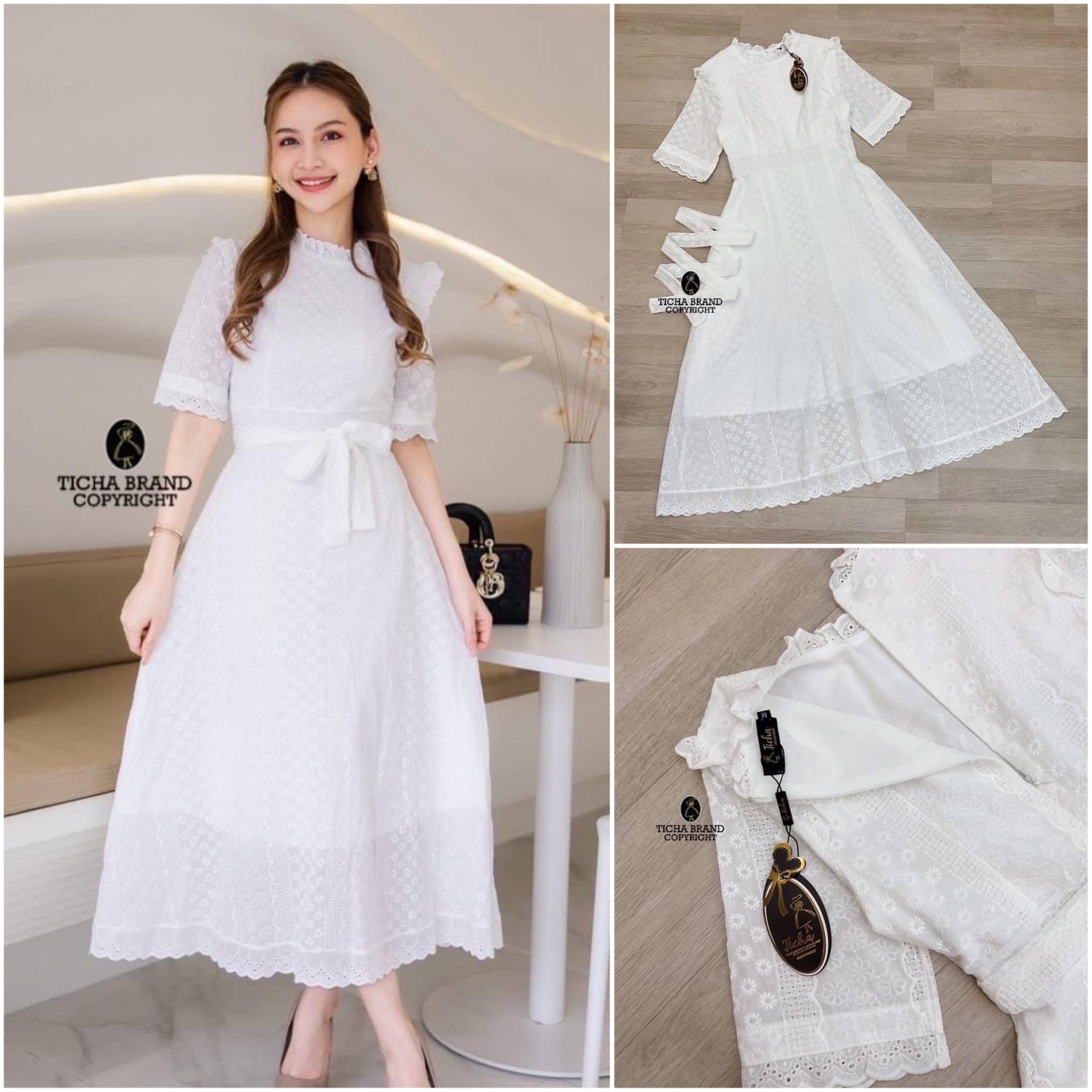 เดรสลูกไม้ฉลุลายดอกไม้สีครีมแขนสั้น ด้านหน้าแต่งกระดุมเรียงยาวใช้งานได้จริง ผ้าลูกไม้ ถักทอลายดอกไม้ ทอแน่น สวยมากเลยค่า มาพร้อม เข็มขัด 👍🏻 สินค้าคุณภาพ (พร้อมส่ง)