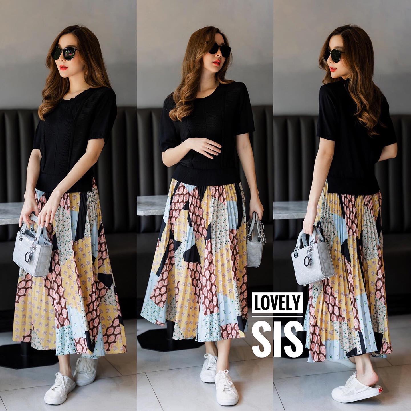 เดรสยาวผ้า knit แขนสั้นตัดต่อ ช่วงกระโปรงด้วยผ้า silk พิมพ์ลาย อัดพลีท งานใส่ออกมาทรงสวย สินค้าคุณภาพ (พร้อมส่ง)