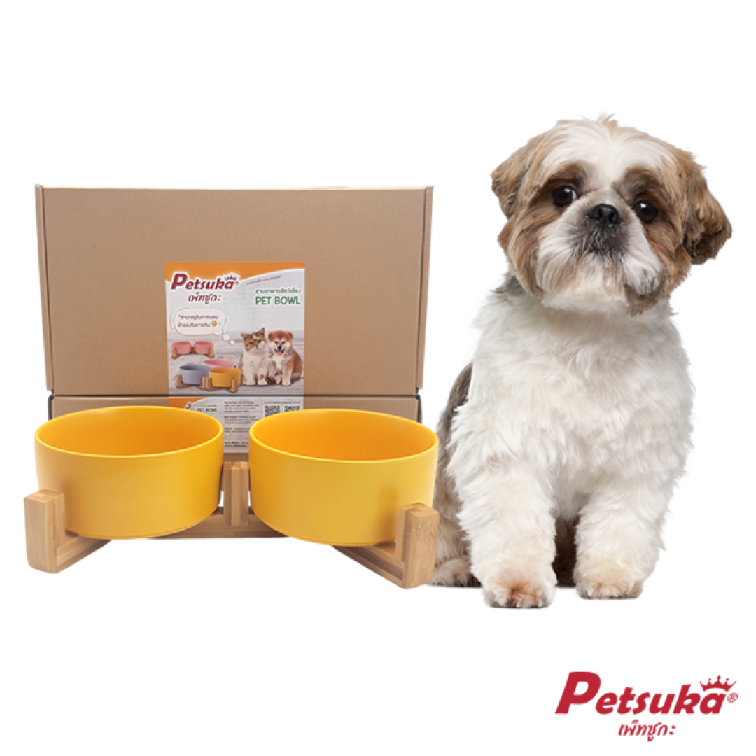 ชามเซรามิคสัตว์เลี้ยง Petsuka พร้อมฐานรองสไตล์ญี่ปุ่น สำหรับสุนัขและแมว สีเหลือง แบบคู่ 850 ml