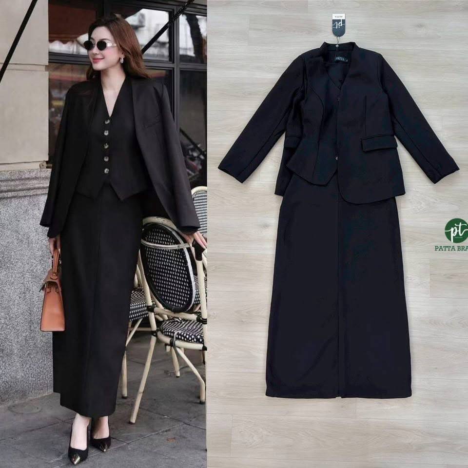 เซต3ชิ้น สีดำ เสื้อคลุมสูทแขนยาว +เสื้อกั๊ก +กระโปรงทรงสอบ ใส่สบาย : สินค้าคุณภาพ (พร้อมส่ง)