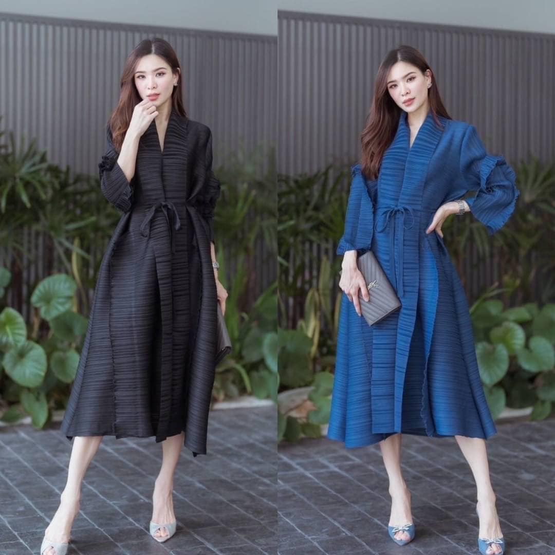 ชุดเดรส คอปาด แขนยาว 4 ส่วน แพตเทิร์นเฉลียงตัดขอบผ่าด้านข้าง ความยาวคลุมเข่า กำลังดี เรียบหรู 👍🏻 สินค้าคุณภาพ (พร้อมส่ง)