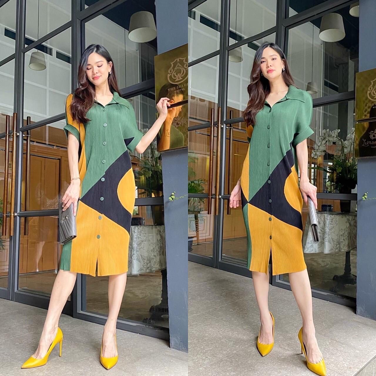 เดรสพลีทตัวยาวคอปกใหญ่ อัดพลีท 100% เนื้อเดียวกับงาน Brand งาน เกาหลีแท้ 🇰🇷 สวย High Quality สินค้าคุณภาพ (พร้อมส่ง)