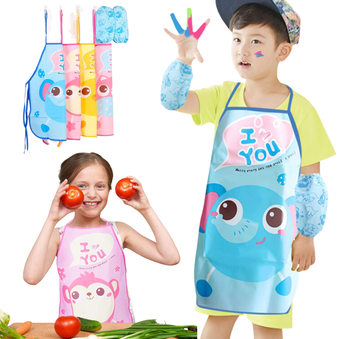 ผ้ากันเปื้อนเด็ก+ปลอกแขน สำหรับทำอาหาร/ทำงานศิลปะ PEVA กันน้ำ ปลอดสารพิษ