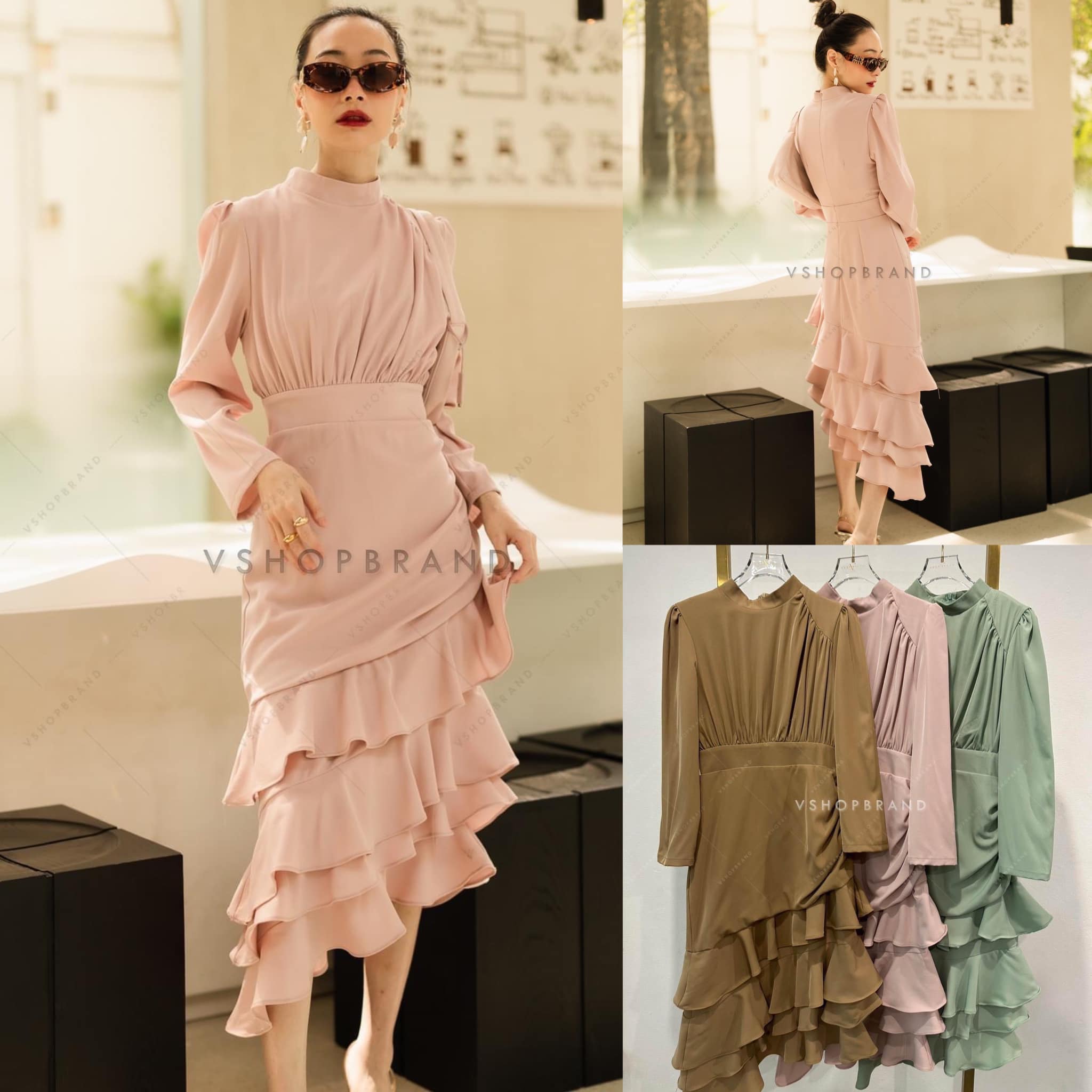 เดรสคอปีนแขนยาว กระโปรงแต่งระบายเป็นชั้น ๆ 👍🏻 สินค้าคุณภาพ (พร้อมส่ง)