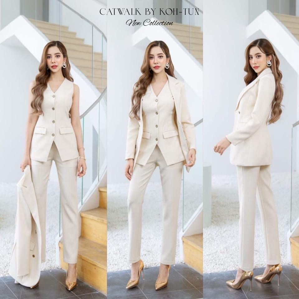 เซตBLAZER3ชิ้น ตัว BLAZER เป็นทรงเข้ารูป +เสื้อกั๊กครอปแขนกุด ทรงเข้ารูปคอวีใส่ไว้ด้านใน+กางเกงทรงขากระบอกเล็ก งานผ้าเกรดเอ เนื้อผ้ามีลายทอในตัว ใส่สบาย สินค้าคุณภาพ (พร้อมส่ง)