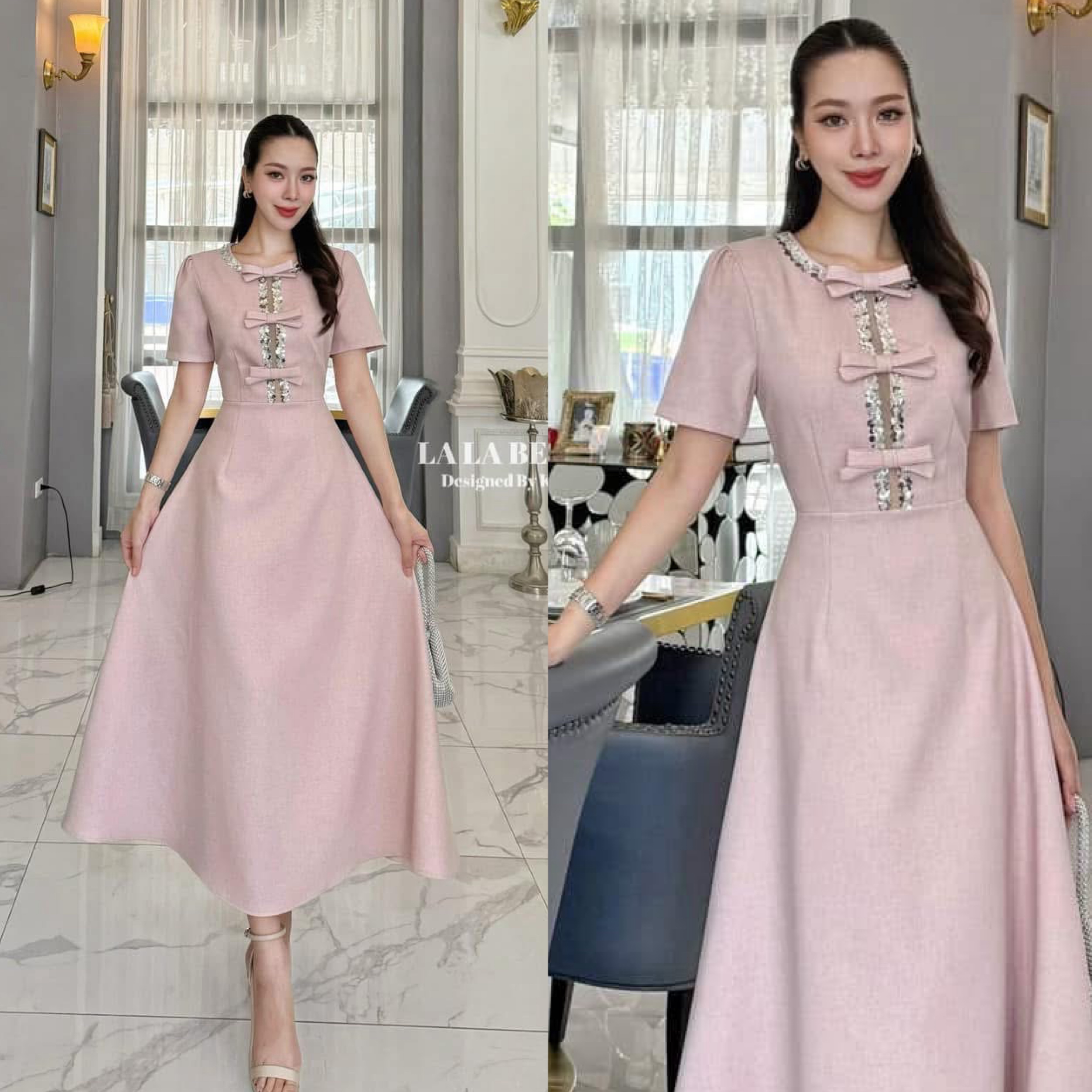 เดรสทรงเจ้าหญิงตัดเย็บด้วยผ้าลินินอัดกาวผ้ามีน้ำหนักทิ้งตัวสวยคอกลมแขนสั้นยกช่วงไหล่จับจีบเอวเข้ารูปกระโปรงบานช่วงตัวเสื้อแต่งปักเลื่อมตรงกลางแต่งเป็นผ้าซีทูสีเนื้อพร้อมแต่งโบว์มีซับในอย่างดี ใส่สบาย : สินค้าคุณภาพ (พร้อมส่ง)