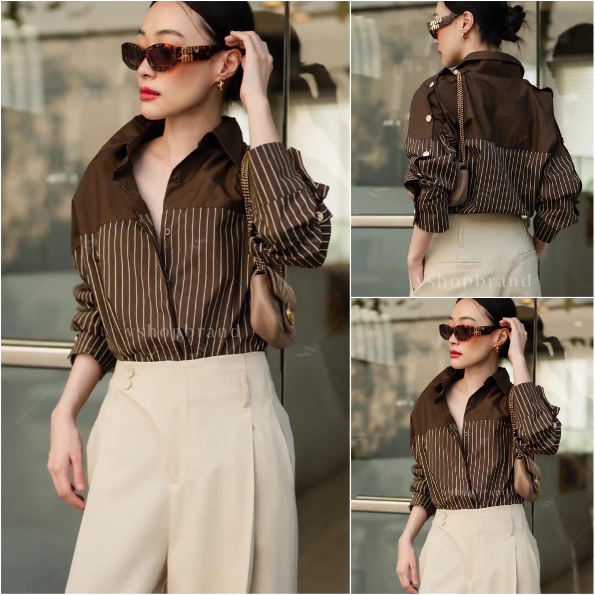 เชิ้ตลายริ้วกระดุมไหล่ ผ้าพื้นช่วงไหล่ ืีเนืัอผ้าดี ทรงสวย ใส่สบาย : สินค้าคุณภาพ (พร้อมส่ง)