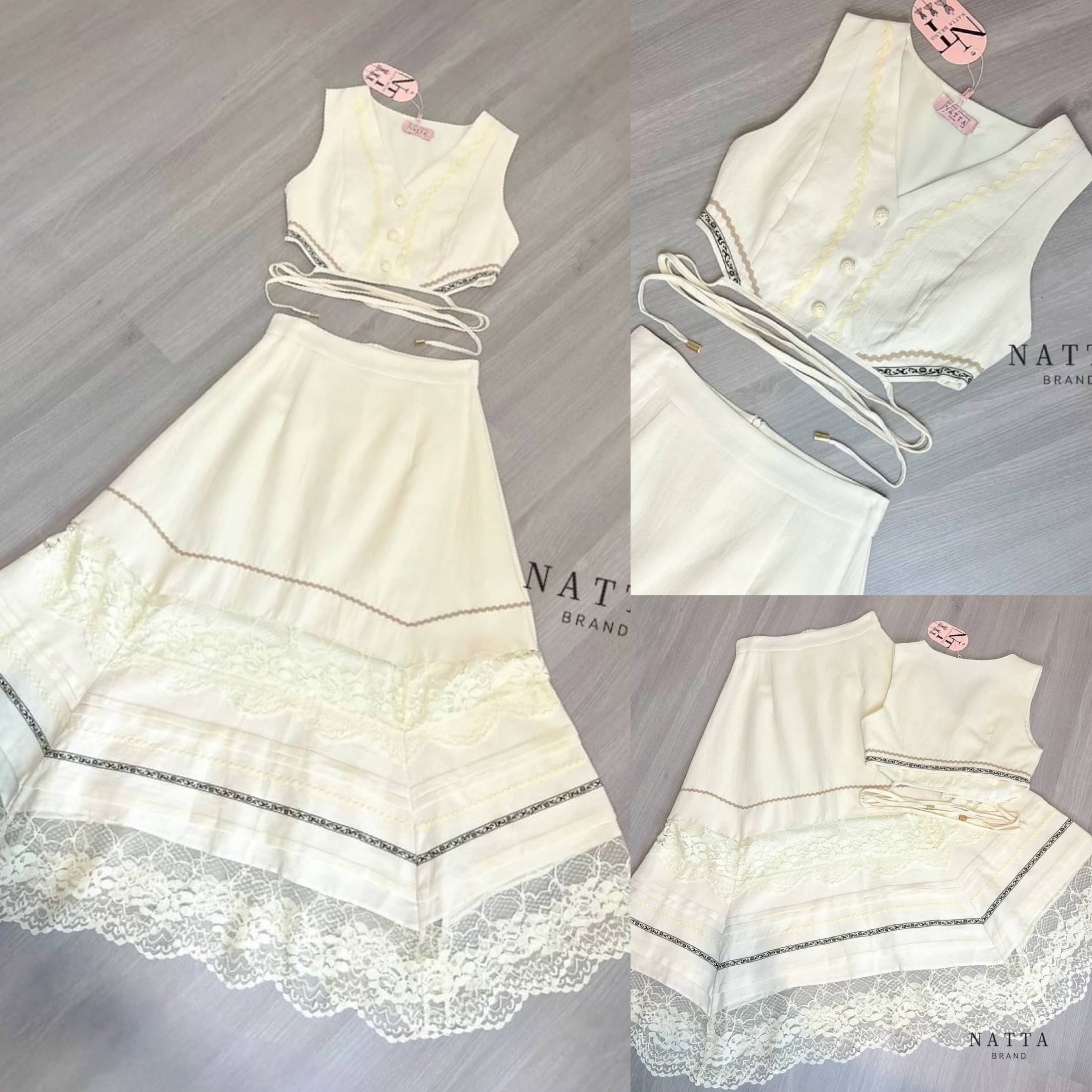 ชุด Set เสื้อแขนกุดแต่งผูกเอว งานกระดุมไหมพรมอย่างดี มาพร้อมกระโปรงยาว แต่งผ้าลูกไม้ช่วงล่าง ใส่สบาย มีผ้าซับในทั้งชุด สินค้าคุณภาพ (พร้อมส่ง)