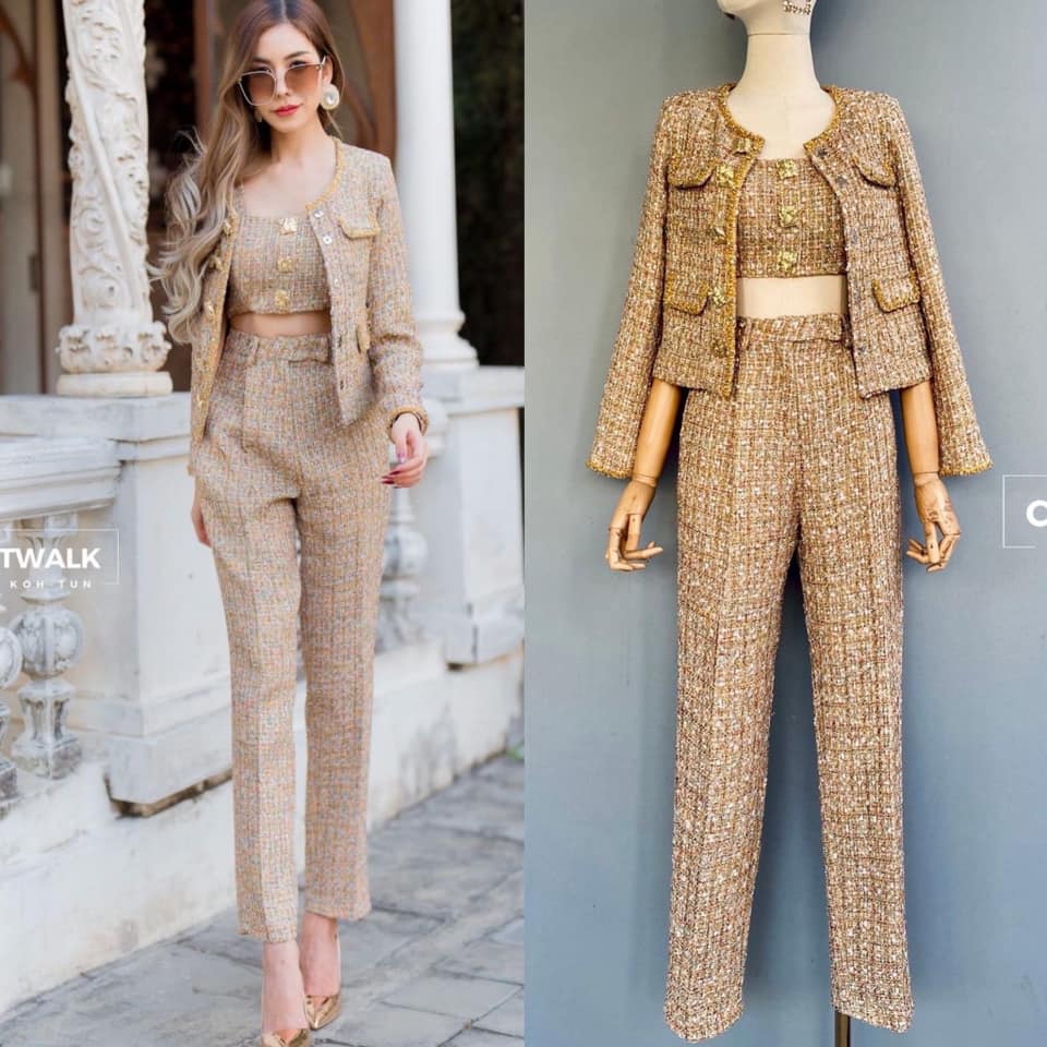 เซตผ้าทวีต 3 ชิ้น เสื้อครอป+เสื้อคลุม+ กางเกง เนื้อผ้าทวีตเกรดเอ สินค้าคุณภาพ (พร้อมส่ง)