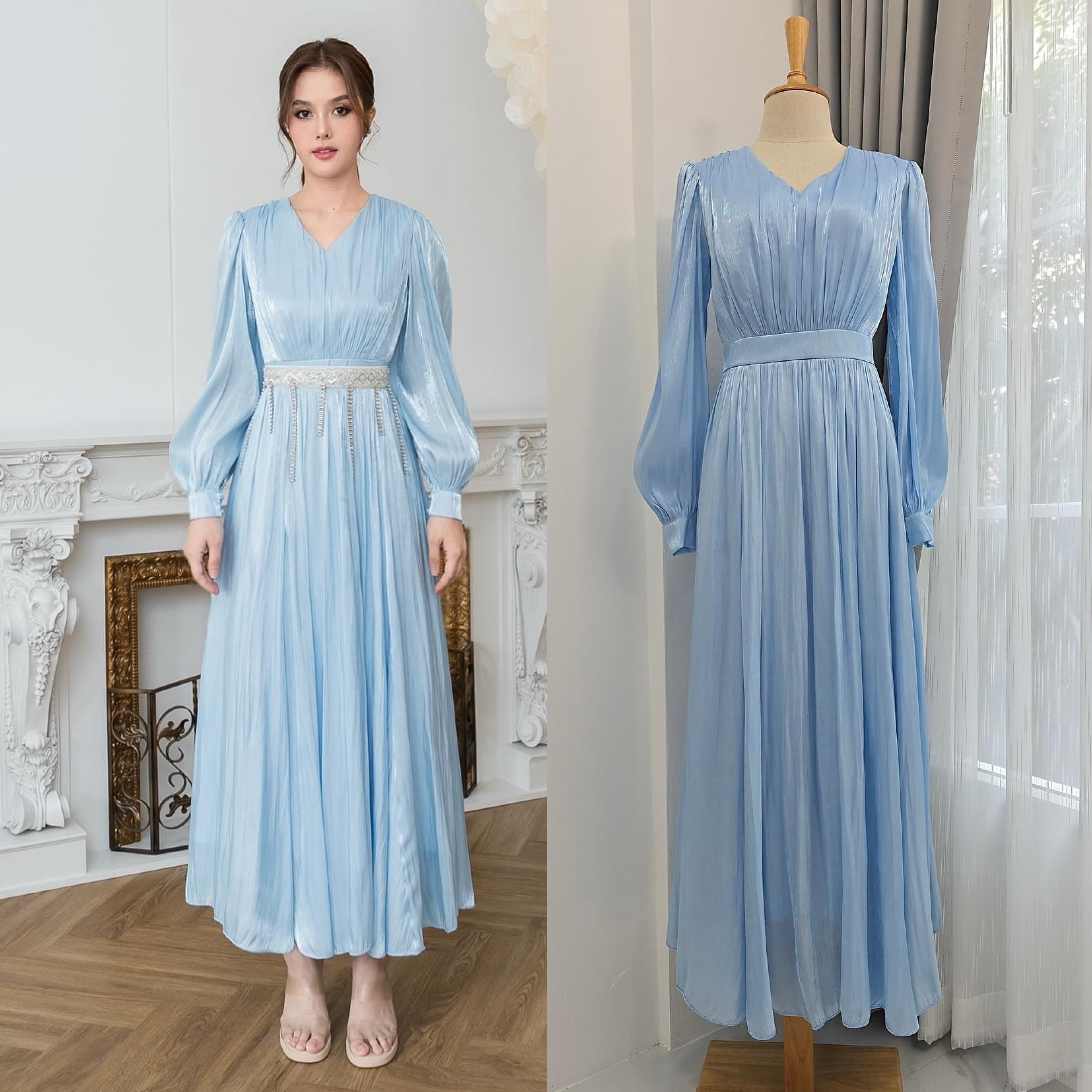 แม็กซี่เดรสเสื้อคอวีแขนยาว กระโปรงบาน ดีเทลตัวเสื้อเดรปแบบรูดใต้อกและกระโปรง ใส่สบาย : สินค้าคุณภาพ (พร้อมส่ง)