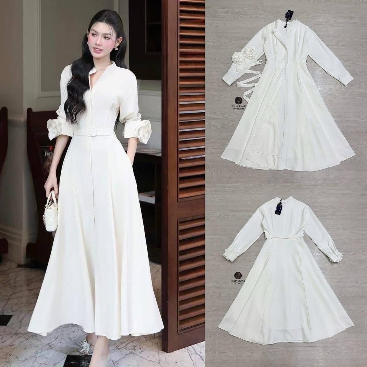 Maxiเดรสคอจีนแขนยาว สีขาว ทรงสวย มีเข็มกลัดดอกไม้3Dดอกใหญ่ที่ปลายแขน เพิ่มมิติให้กับชุด ช่งกระโปรงพริ้วสวย ด้านหน้าแต่งกระดุมเรียงยาวใช้งานได้จริง และมาคู่เข็มขัดใส่ปรับเข้ารูปให้ทรงสวย ใส่สบาย : สินค้าคุณภาพ (พร้อมส่ง)