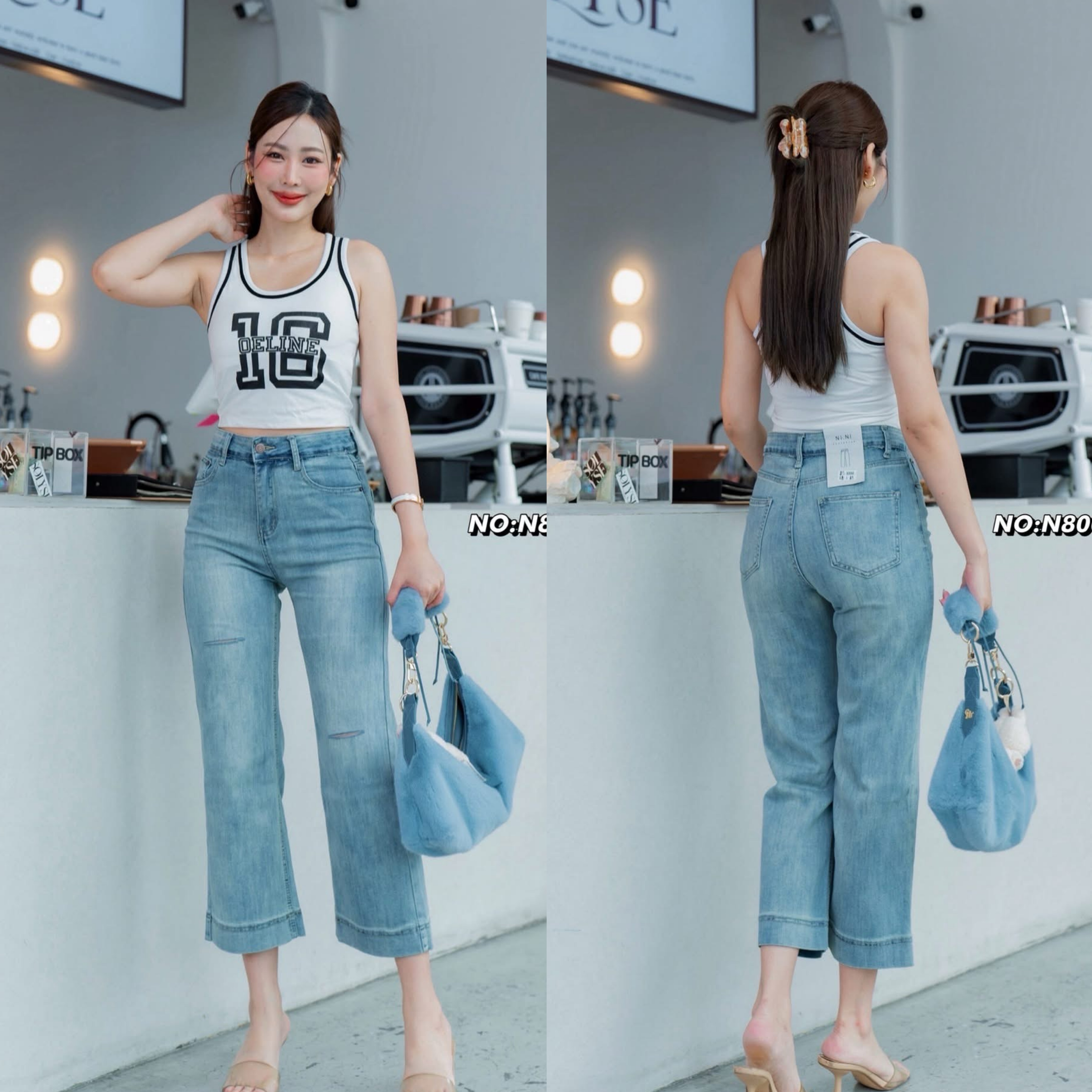 กางเกงยีนส์ขา8ส่วน ทรงมาใหม่คะ ทรงนี้ปีนี้มาแรงมากค่ะ ดีเทลปลายขากว้าง เก๋มากๆปลายขาเย็บ เอวสูง เนื้อผ้ายืดหยุ่นเก็บทรง ใส่ดูเพรียวมาก(ผ้ายืด) ใส่สบายมว๊าก ทำขาดเซอร์ๆ เก๋ๆ ใส่สบาย : สินค้าคุณภาพ (พร้อมส่ง)