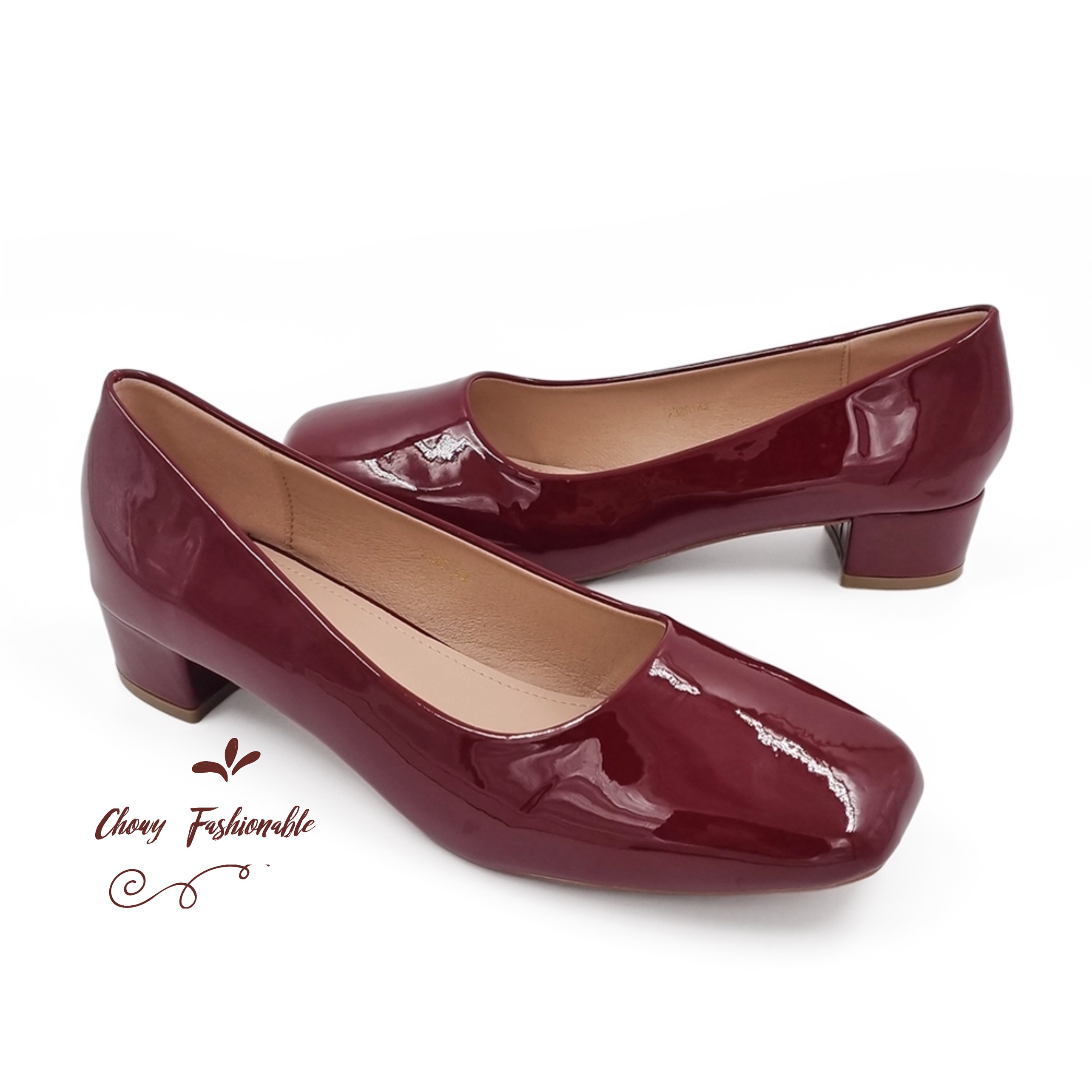 รองเท้าไซส์ใหญ่ 42-43 EU ไซส์ยุโรป ส้นเตี้ยไซส์ใหญ่ หัวตัดเหลี่ยม สีไวน์แดง Chowy KR1068WD