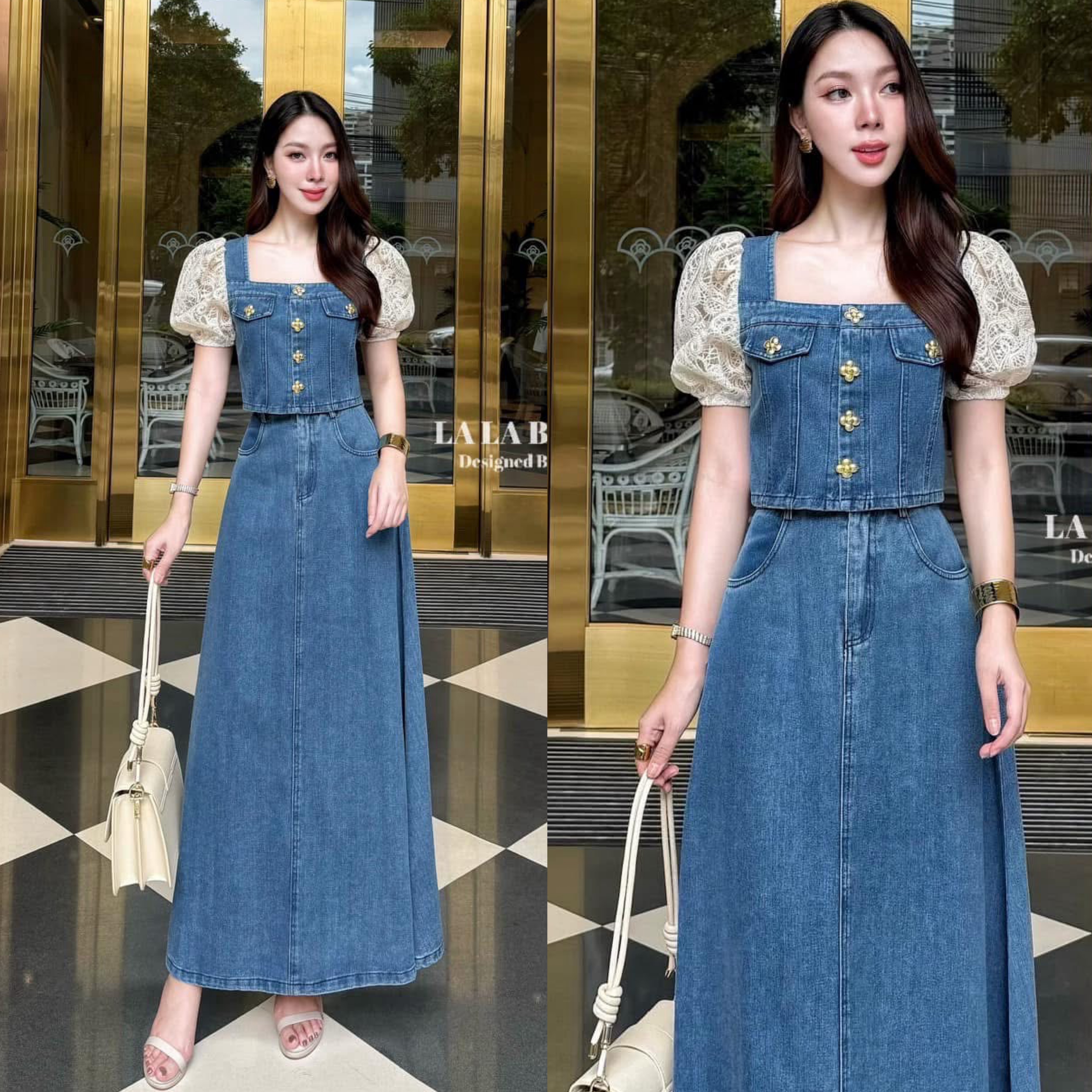 เซตยีนส์2ชิ้นผ้ายีนส์ฟอกอย่างดีทรงเสื้อคอเหลี่ยมกระดุมดอกไม้สีทองแต่งกระเป๋าหลอกช่วงหน้าอกเป็นดีเทลชุดแขนตุ๊กตาปลายแขนจั้มตัดเย็บด้วยผ้าลูกไม้ลายดอกไม้ใส่คู่กระโปรงยีนส์ทรงบานมีกระเป๋ากระโปรงใช้ผ้าเยอะ ใส่สบาย : สินค้าคุณภาพ (พร้อมส่ง)