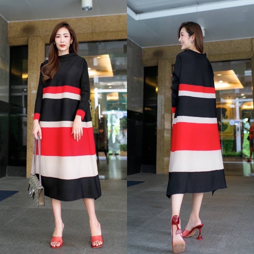 ชุดเดรส คอกลม แขนยาว แพตเทิร์นเฉลียงโค้งข้าง เรียบหรู ไฮโซววววว 👑 สินค้าคุณภาพ (พร้อมส่ง)