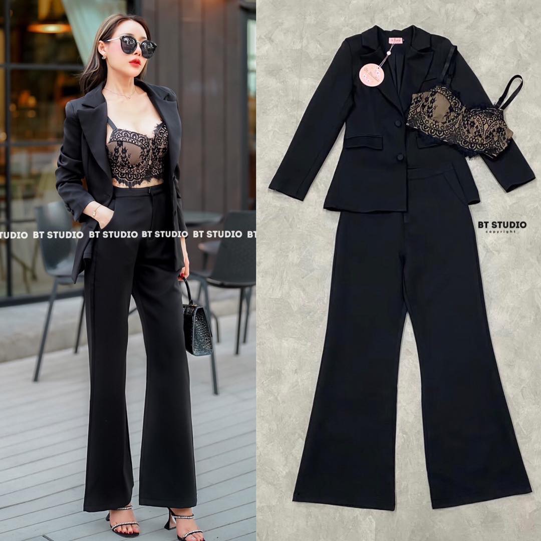 เซท 3 ชิ้น เสื้อเบเซอร์แขนยาวคอปก ปลายแขนแต่งกระดุมทั้งสองข้าง แมทซ์กับเสื้อ บราสั้นซิปหลัง ช่วงอกเสริมฟองน้ำ สายปรับได้ แมทซ์กับกางเกงขายาวเอวสูง : สินค้าคุณภาพ (พร้อมส่ง)