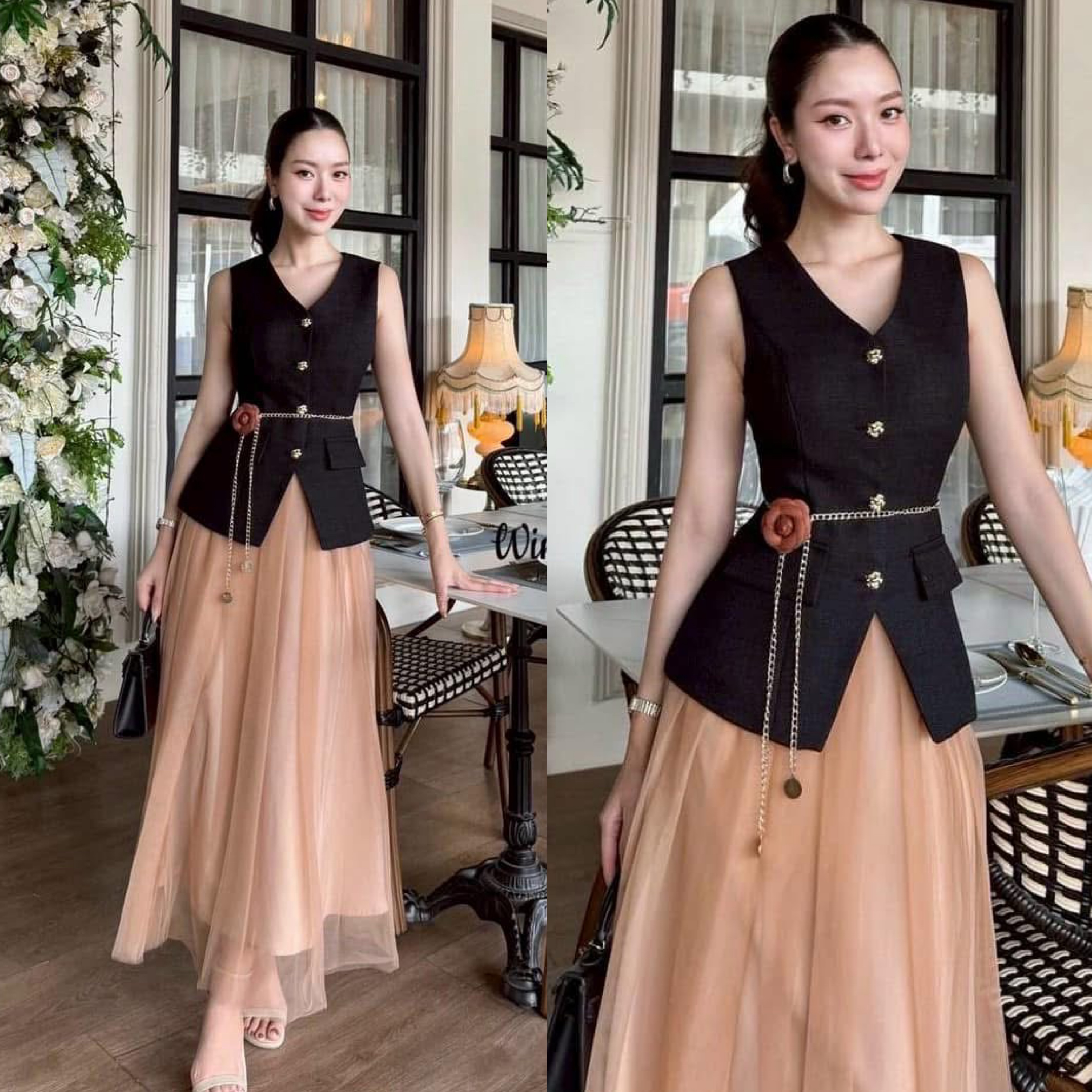 Set 4 Pcs. เช็ทเสื้อแขนกุดกระดุมหน้า เนื้อผ้ามีเทคเจอร์ มาพร้อมกระโปรงมุ้งสีเข้าเซ็ท มีเข็มกลัดดอกไม้และเข็มขัดโซ่ เพิ่มความลัคซู ทรงสวย เป๊ะ สวยหรู ดูแพง ใส่สบาย : สินค้าคุณภาพ (พร้อมส่ง)