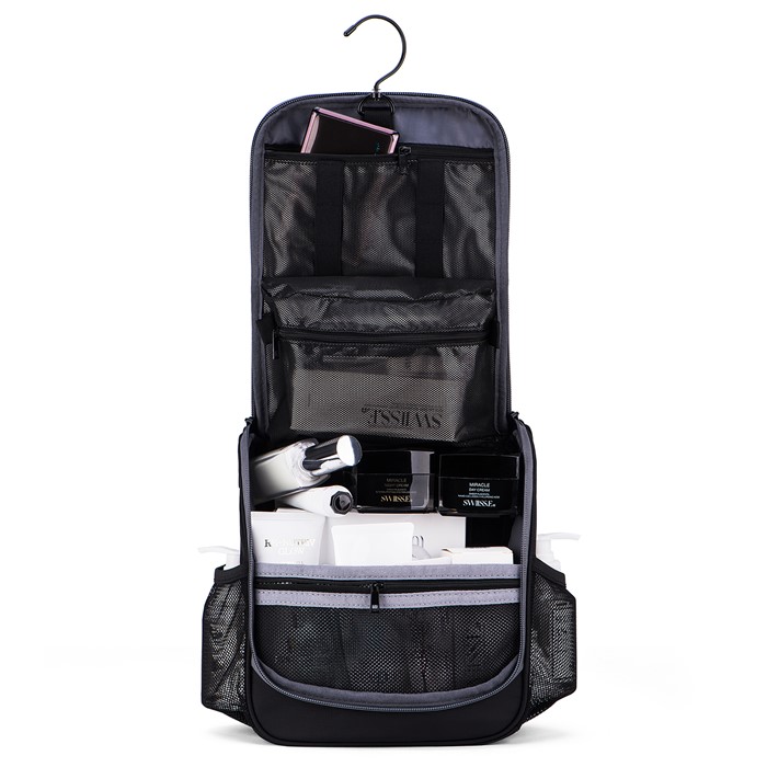 Bagsmart กระเป๋าใส่อุปกรณ์อาบน้ำ คุณภาพสูง ใส่อุปกรณ์อาบน้ำ แขวนได้ มีช่องใส่ด้านข้างสองด้าน สำหรับเดินทาง ท่องเที่ยว (Black-Grey)