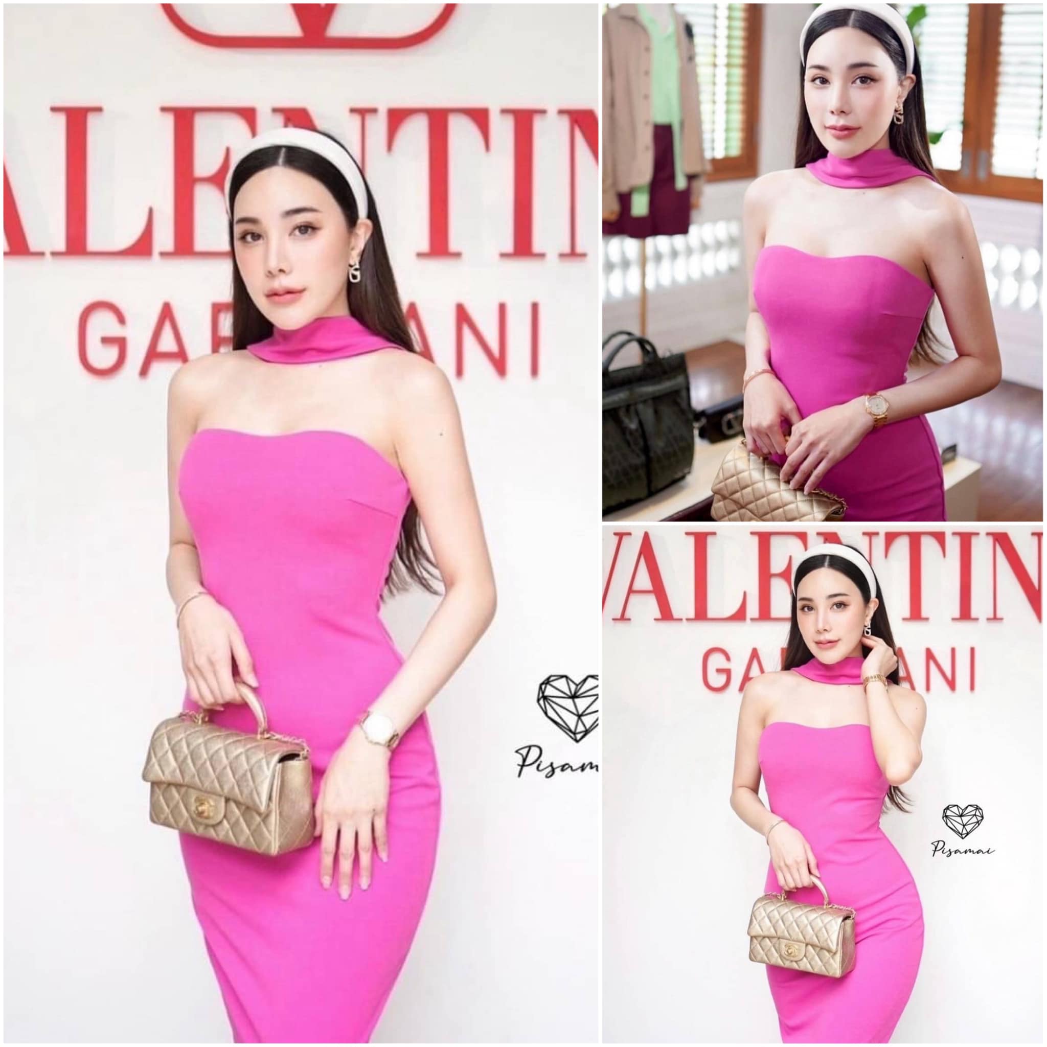 เดรสผ้ายืดพาดคอเข้ารูปสีชมพู แป๋นผ่าหลังตัวยาว ใส่แซ่บทรงสวยมากๆ ใส่สบาย : สินค้าคุณภาพ (พร้อมส่ง)