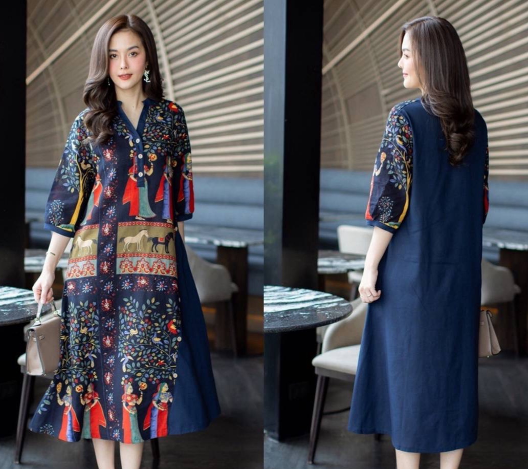 เดรสเชิ้ตผ้าฝ้ายลินินเกาหลี ตัดต่อแถบสีพื้น พิมพ์ลวดลายการเล่าเรื่องสไตส์อียิปต์กราฟฟิก ตัดด้วยสีผ้าพื้นได้อย่างสวยงาม ใส่สบาย : สินค้าคุณภาพ (พร้อมส่ง)