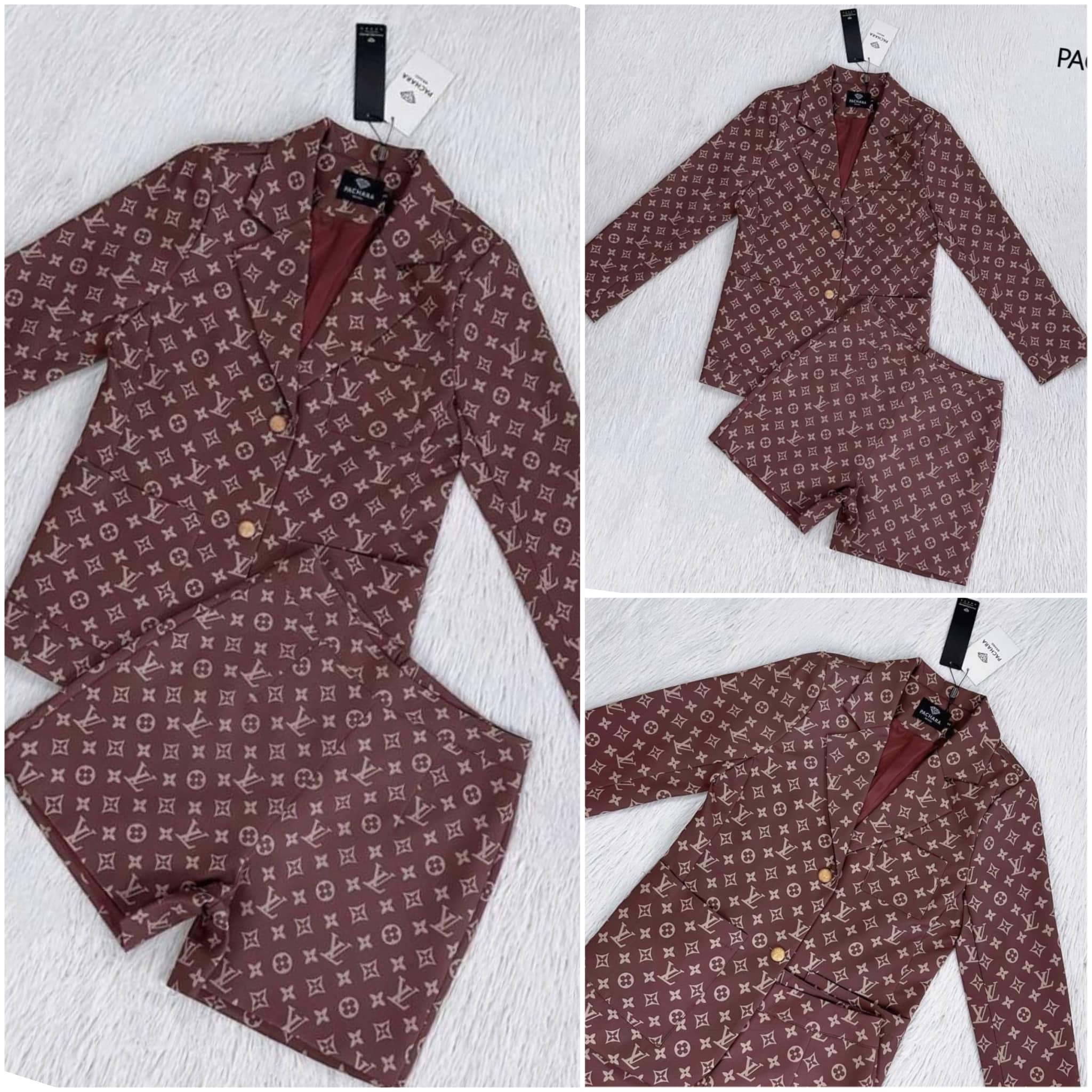 เซ็ต 2 ชิ้น เสื้อสูทแขนยาวสีน้ำตาลเข้ม พิมพ์ลายแบรนด์ดังทั้งชุด แมทช์คู่กับกางเกงขาสั้นเอวสูง ซับในอัดกาวอย่างดี สินค้าคุณภาพ (พร้อมส่ง)