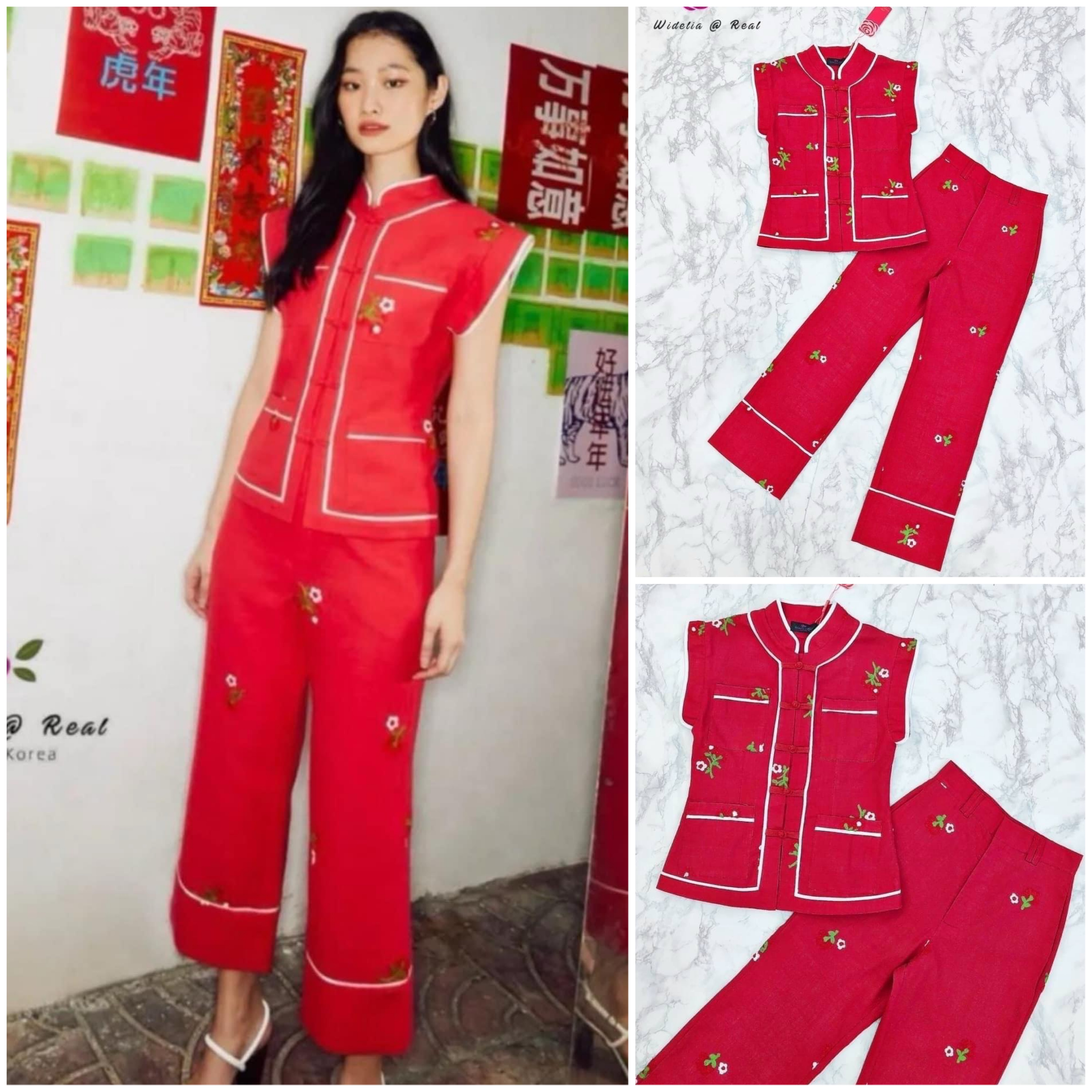 Set ชุดกี่เพ้า Top & Pant เซ็ทเสื้อกี่เพ้ากับกางเกงขายาวเอวสวยทรงดี งานปักดอกไม้ สินค้าคุณภาพ (พร้อมส่ง)