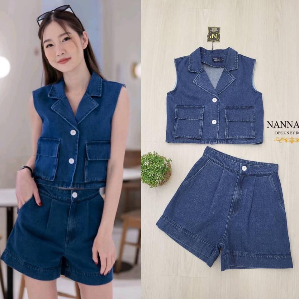 เซ็ทยีนส์ขาสั้น ตัวเสื้อดีไซน์เก๋ กระเป๋าคู่หน้าใช้ได้จริง ตัวกางเกงขาสั้นทรงสวย ใส่สบาย สินค้าคุณภาพ (พร้อมส่ง)