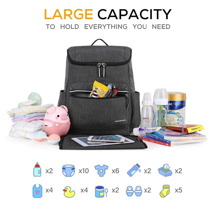 mommore กระเป๋าคุณแม่ กระเป๋าสัมภาระคุณแม่ กระเป๋าแม่ลูกอ่อน กันน้ำ พร้อมแผ่นรองเปลี่ยนผ้าอ้อม จุมาก น้ำหนักเบา เหมาะสำหรับเดินทาง (Dark Grey)
