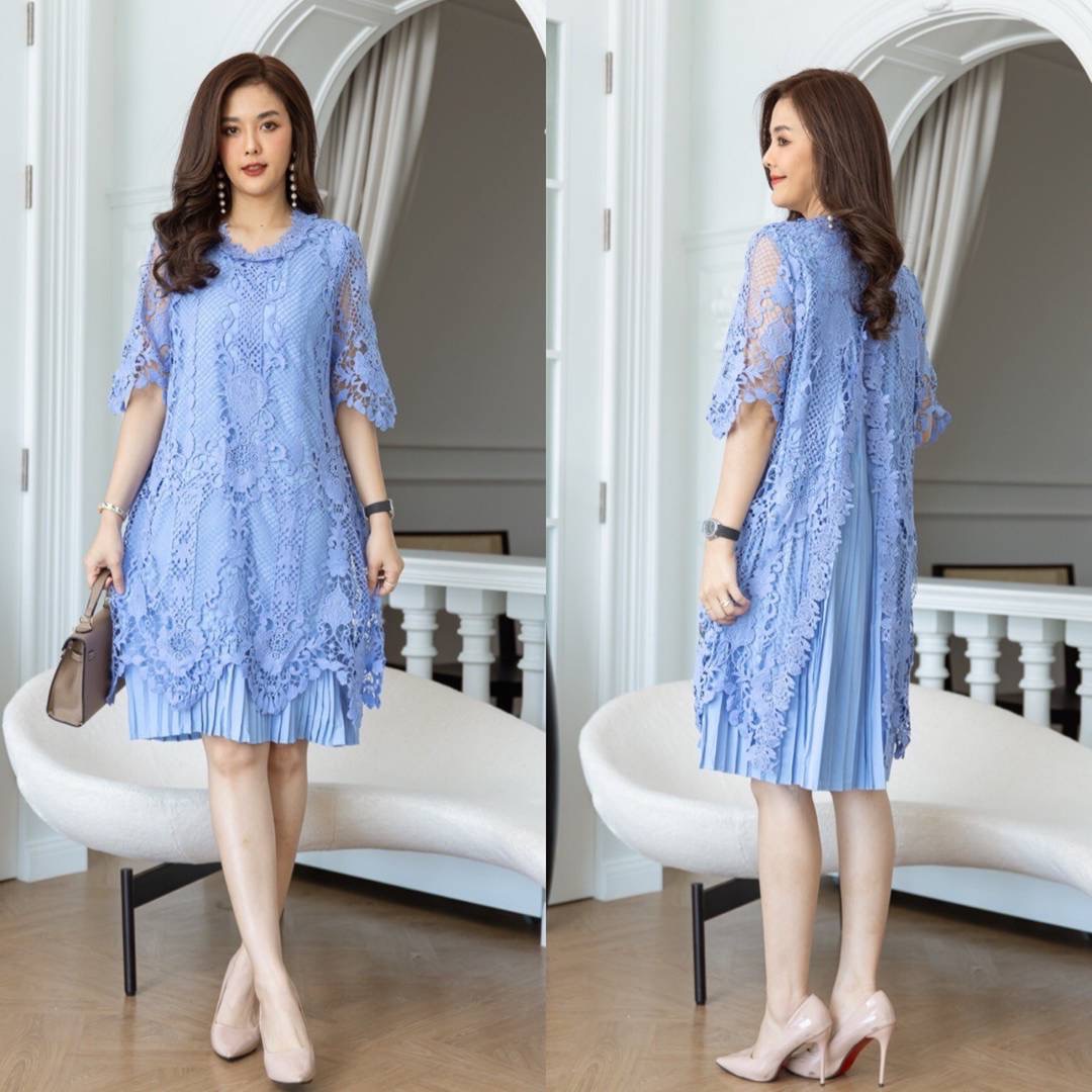 เดรสลูกไม้เนื้อหนาเกรดพรีเมี่ยม มาพร้อมลูกไม้เนื้อหนาสวยมากค่ะ ผสมผสานด้วยผ้าชีฟองอัดพลีทแน่นๆ ใส่สบาย : สินค้าคุณภาพ (พร้อมส่ง)