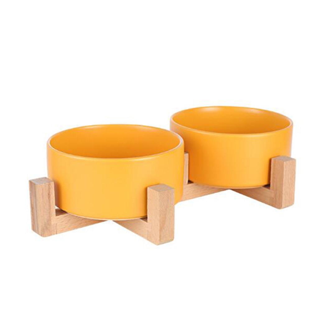 ชามเซรามิคสัตว์เลี้ยง Petsuka พร้อมฐานรองสไตล์ญี่ปุ่น สำหรับสุนัขและแมว สีเหลือง แบบคู่ 850 ml
