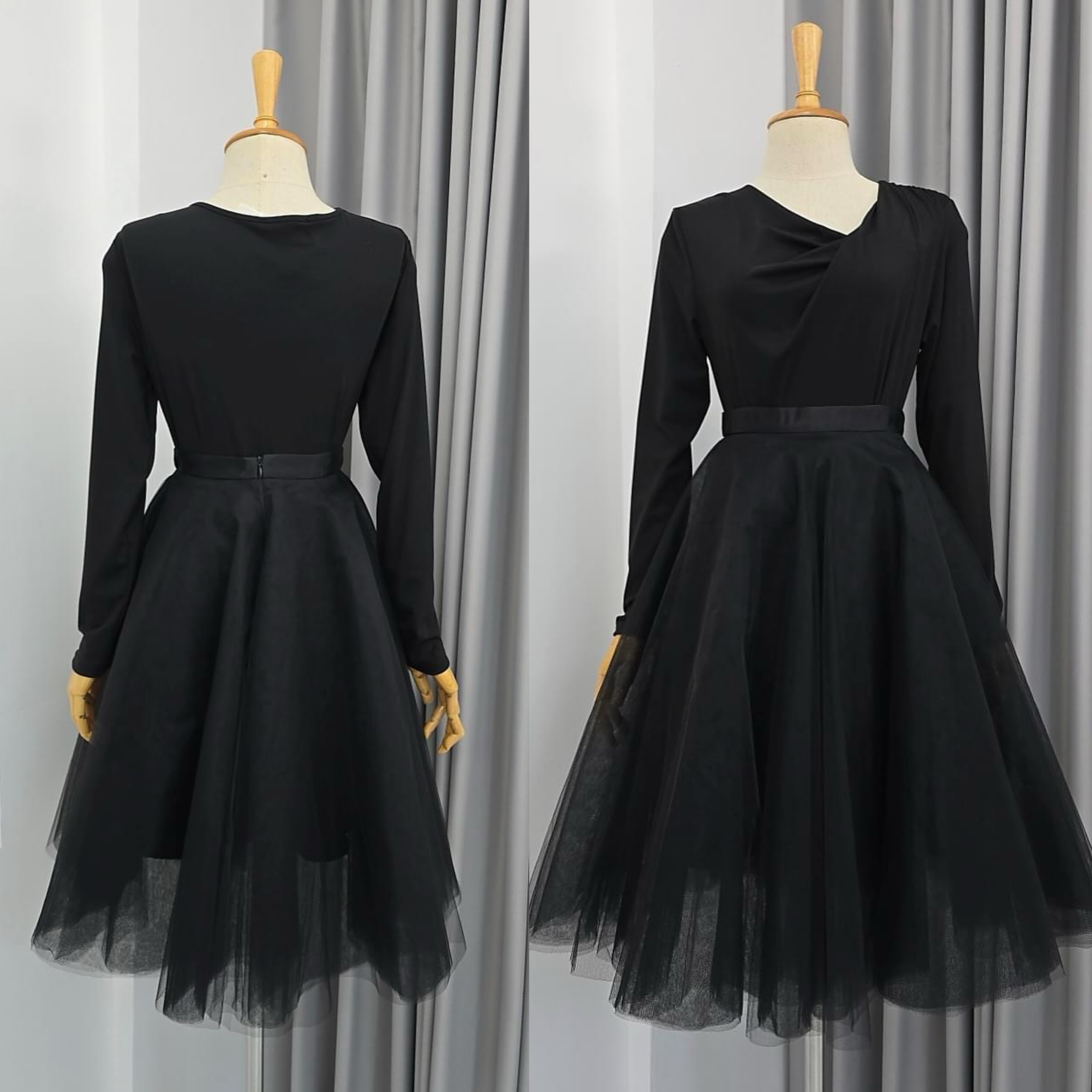 เขตเสื้อคอกว้างแขนยาว ลูกเล่นทวิสต์ที่คอเสื้อ ทรงเข้ารูปเล็กน้อย+ กระโปรงบานทรงวงกลม ใส่สบาย : สินค้าคุณภาพ (พร้อมส่ง)