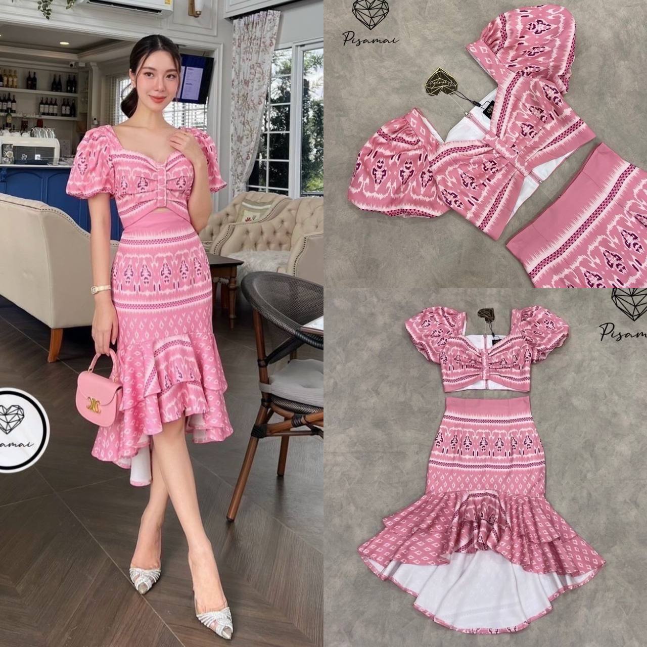 เซ็ตผ้าไทยสีชมพูแขนตุ๊กตา มาคูากับกระโปรงหางปลาหน้าสั้นหลังยาว สินค้าคุณภาพ (พร้อมส่ง)