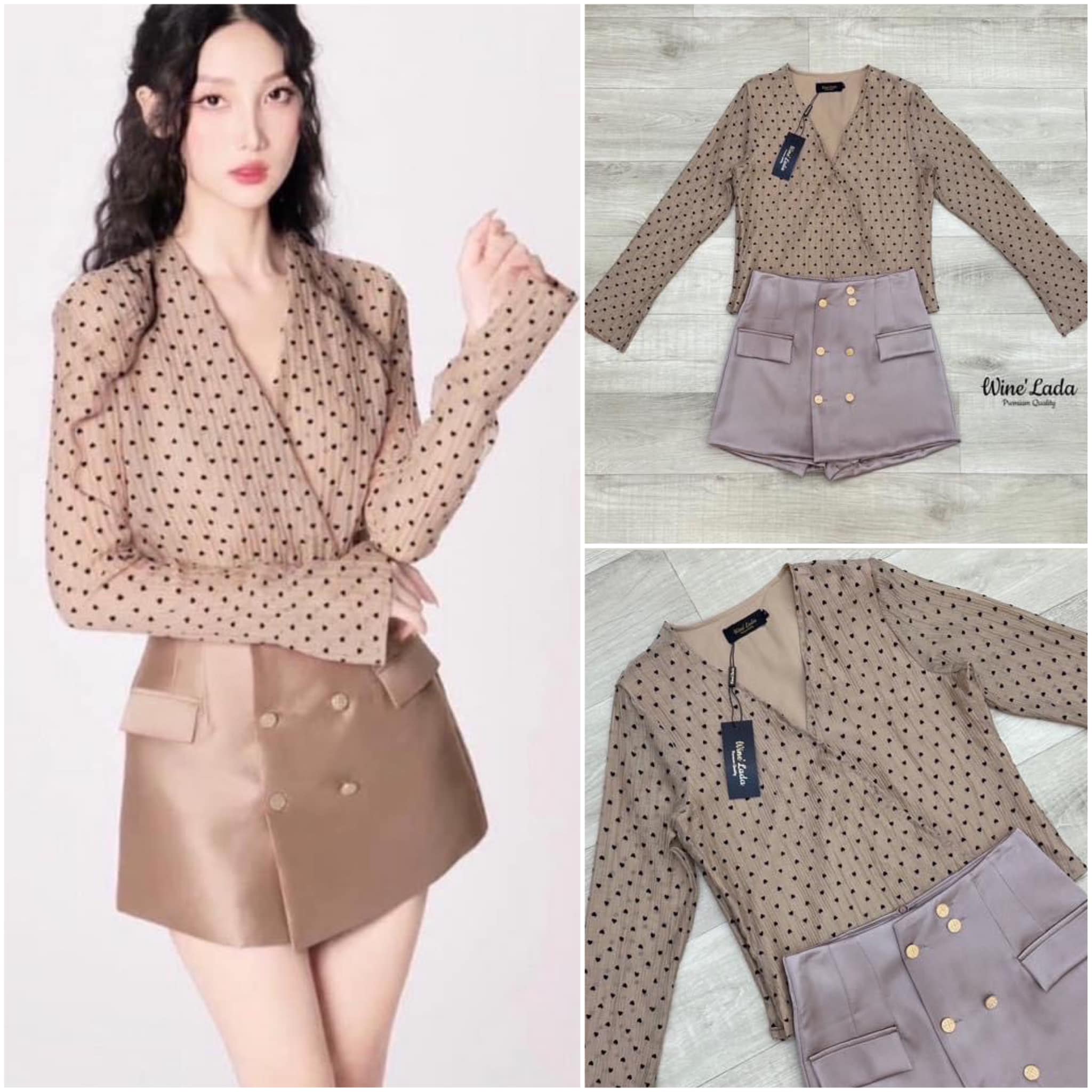 Set 2 Pcs. เซ็ทเสื้อแขนยาวคอวี ผ้าชีฟองย่นแต่งหัวใจสีดำทำด้วยผ้ากำมะหยี่ ด้านข้างมีซิป มาพร้อมกับกางเกงกระโปรงขาสั้น สินค้าคุณภาพ (พร้อมส่ง)