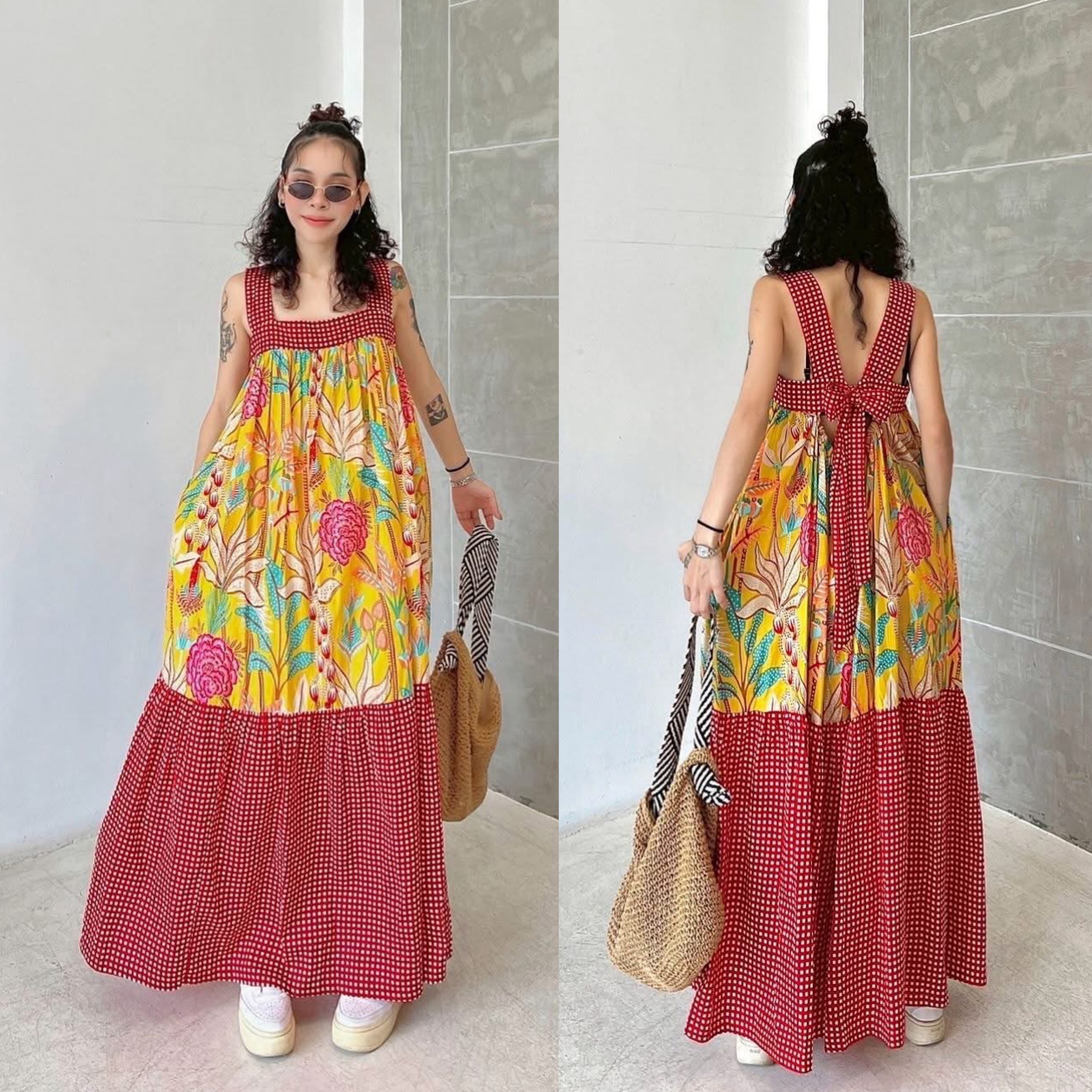 เอี๊ยมกระโปรง ผ้าบล็อคคอทตอลอินเดีย ดีไซน์ผูกโบว์หลัง ระบายชายตัดต่อลาย งานมีสม็อคหลัง+กระเป๋าล้วง ใส่สบาย : สินค้าคุณภาพ (พร้อมส่ง)