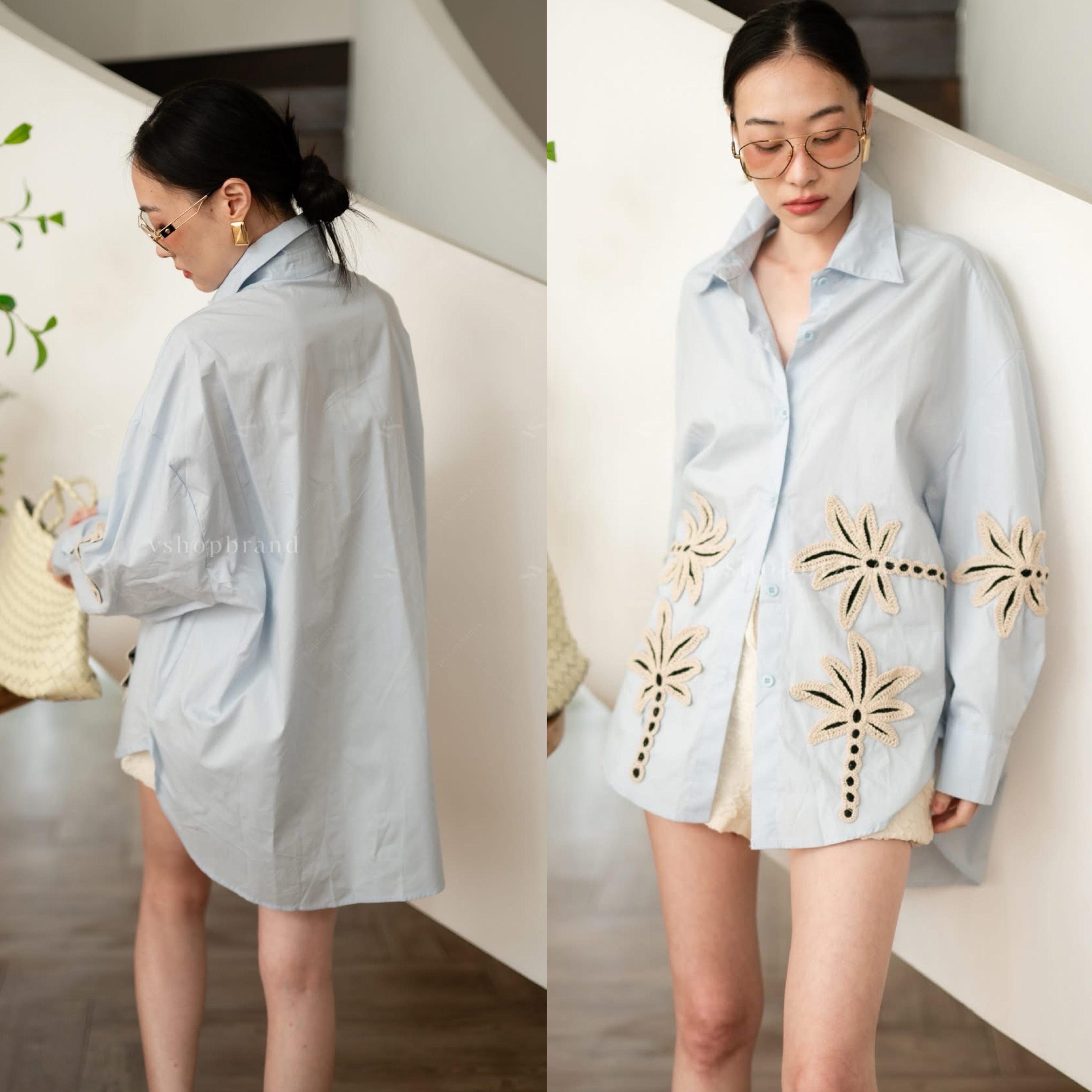 เชิ้ตแขนยาวผ้าพื้นปักต้นมะพร้าว ใส่สบาย : สินค้าคุณภาพ (พร้อมส่ง)